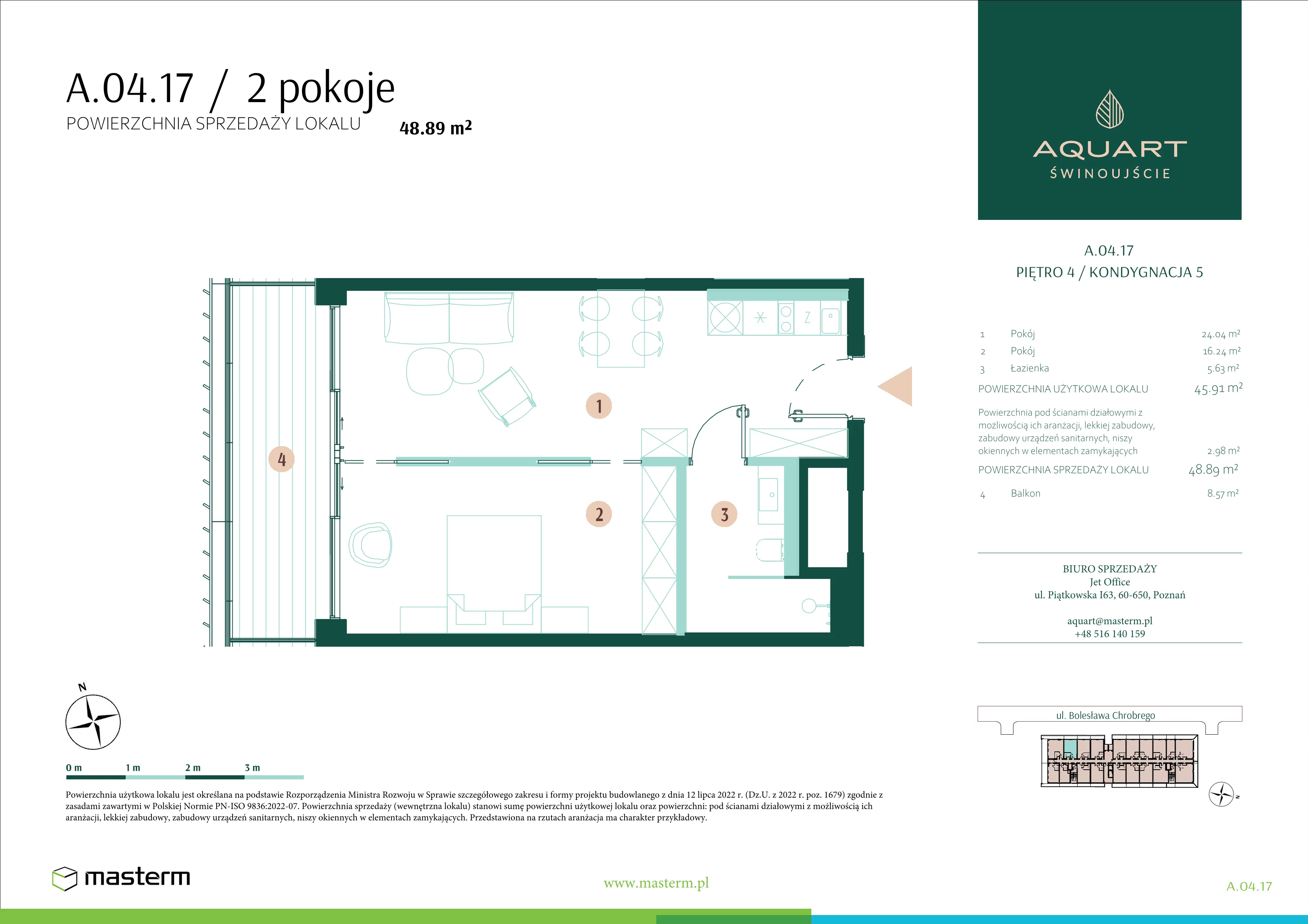 2 pokoje, apartament 48,89 m², piętro 4, oferta nr A.04.17, Aquart, Świnoujście, ul. Bolesława Chrobrego 35