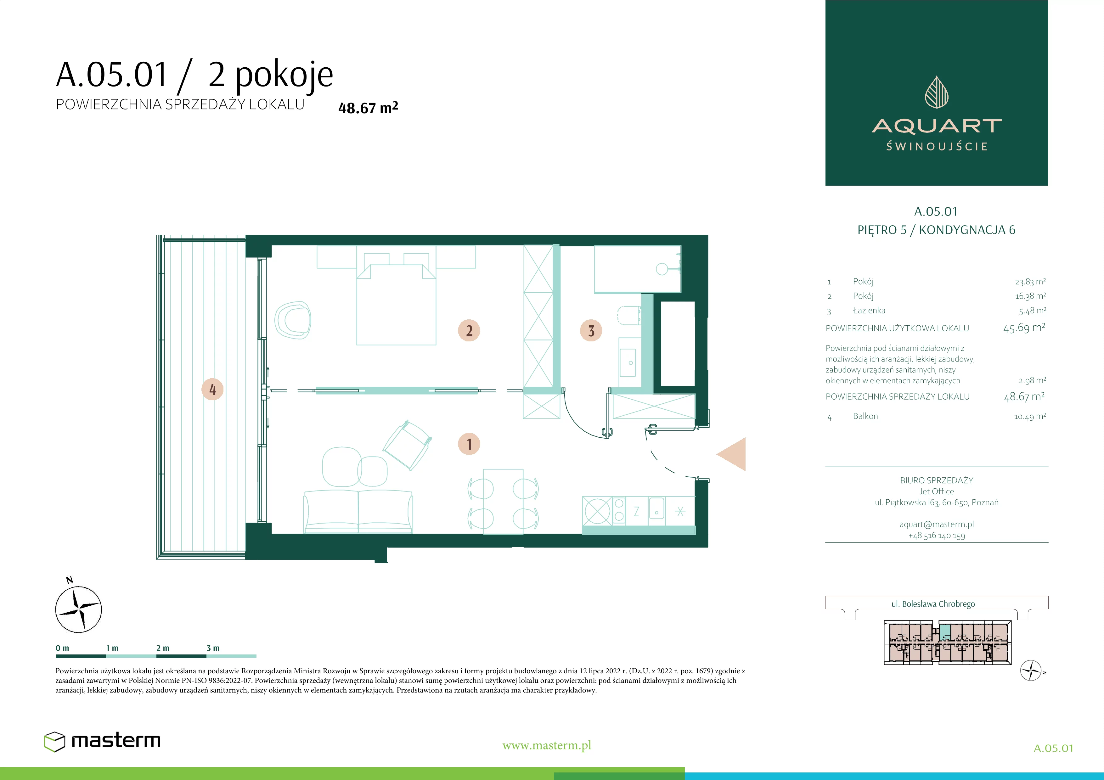 2 pokoje, apartament 48,67 m², piętro 5, oferta nr A.05.01, Aquart, Świnoujście, ul. Bolesława Chrobrego 35