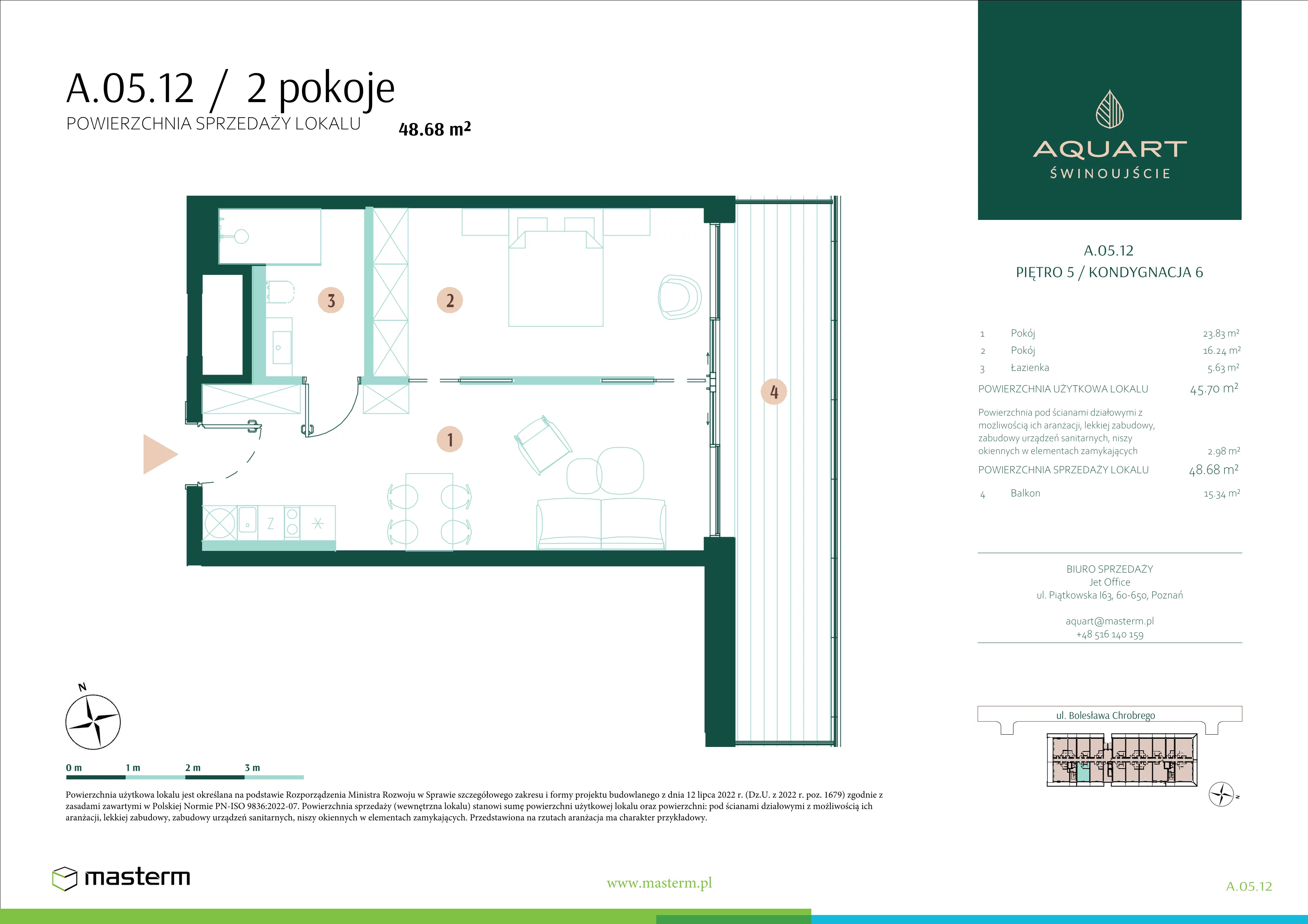 2 pokoje, apartament 48,68 m², piętro 5, oferta nr A.05.12, Aquart, Świnoujście, ul. Bolesława Chrobrego 35