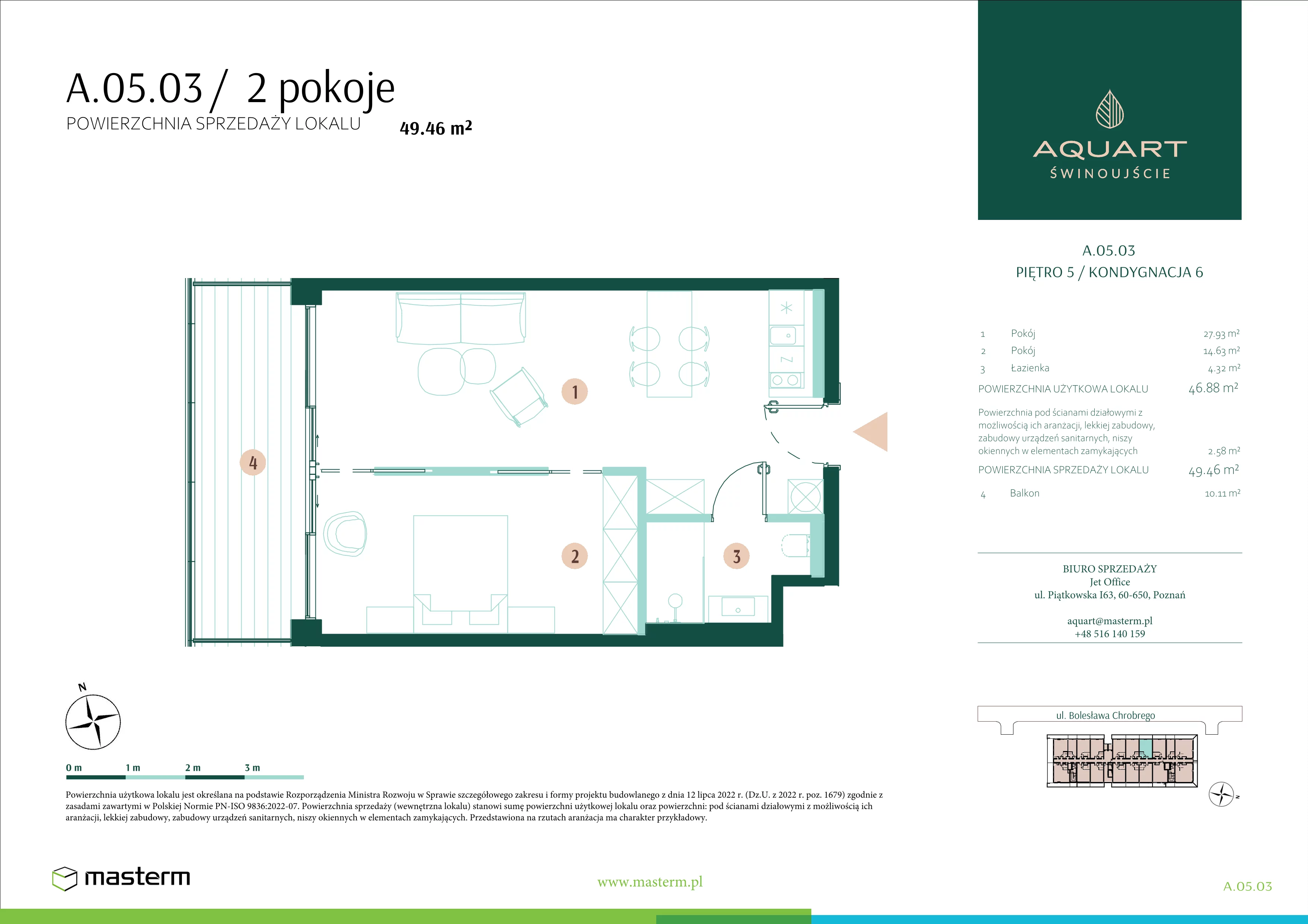 2 pokoje, apartament 49,46 m², piętro 5, oferta nr A.05.03, Aquart, Świnoujście, ul. Bolesława Chrobrego 35