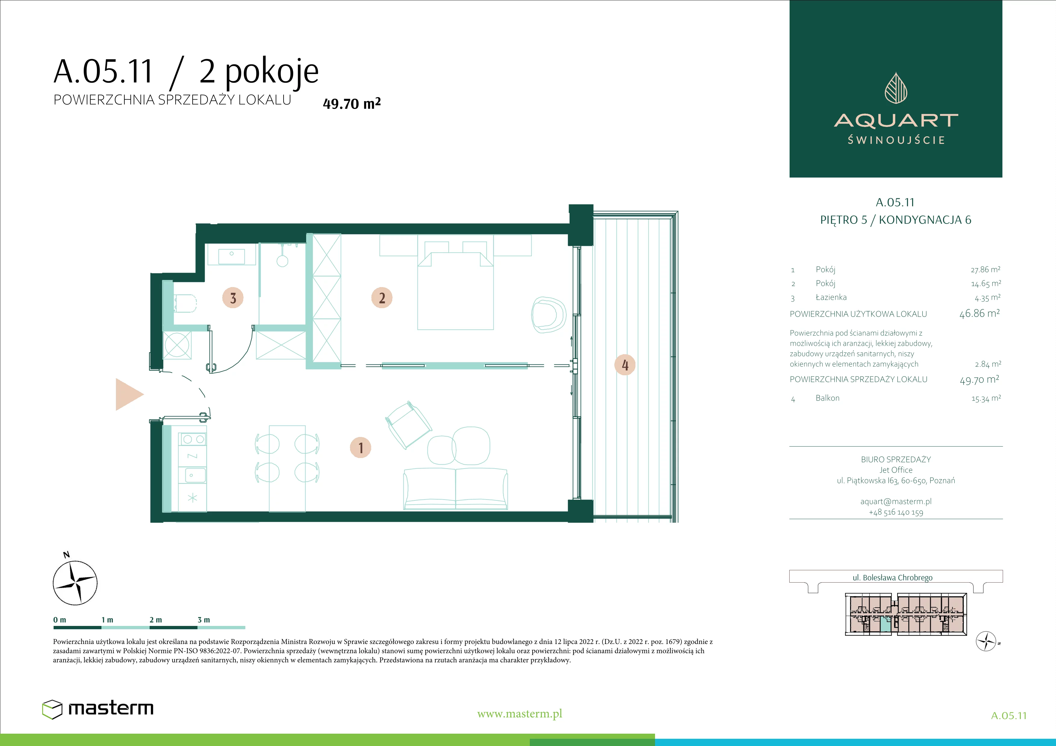 2 pokoje, apartament 49,70 m², piętro 5, oferta nr A.05.11, Aquart, Świnoujście, ul. Bolesława Chrobrego 35