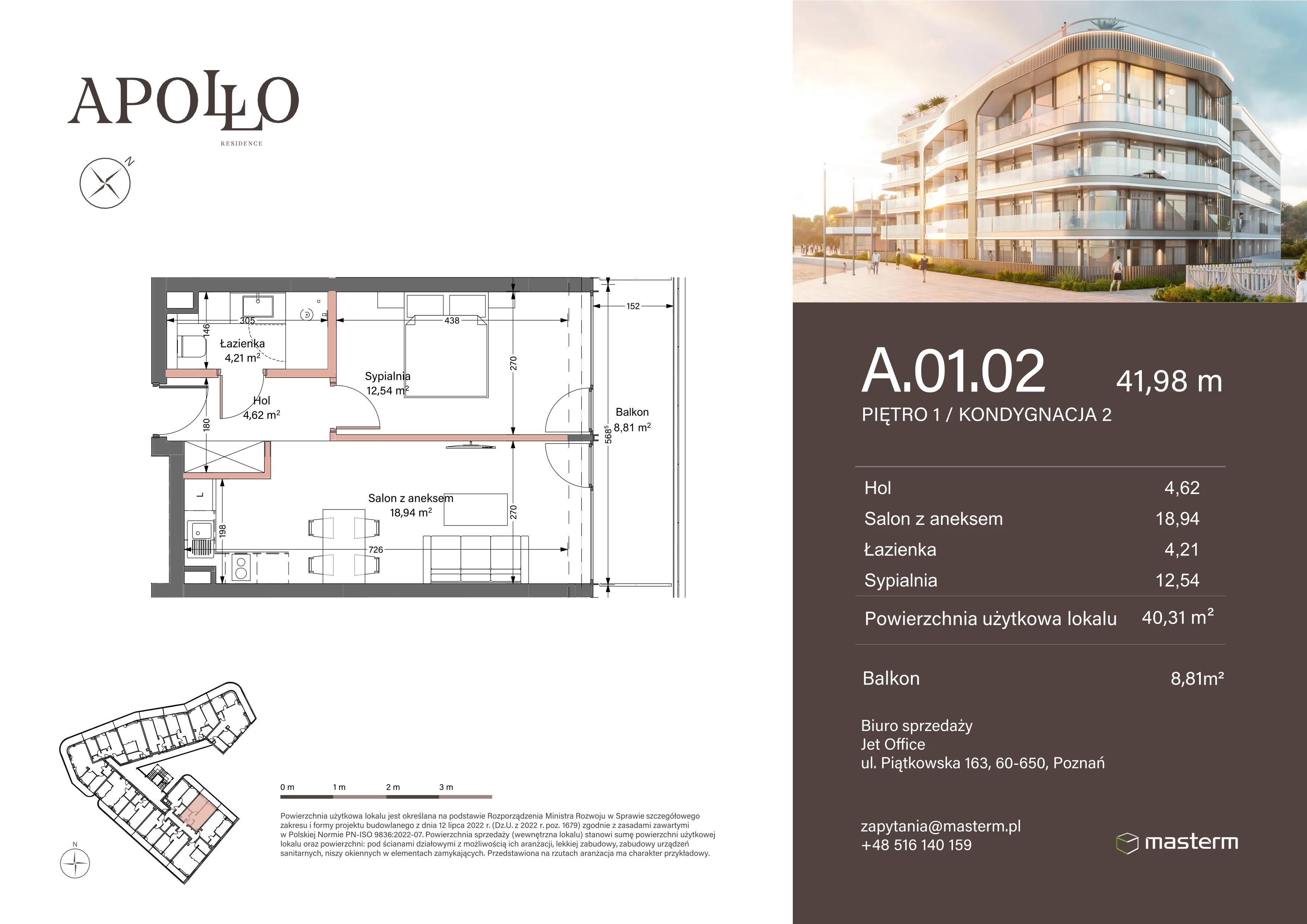 2 pokoje, mieszkanie 40,31 m², piętro 1, oferta nr A.1.02, Apollo Residence, Darłowo, ul. Kąpielowa 11