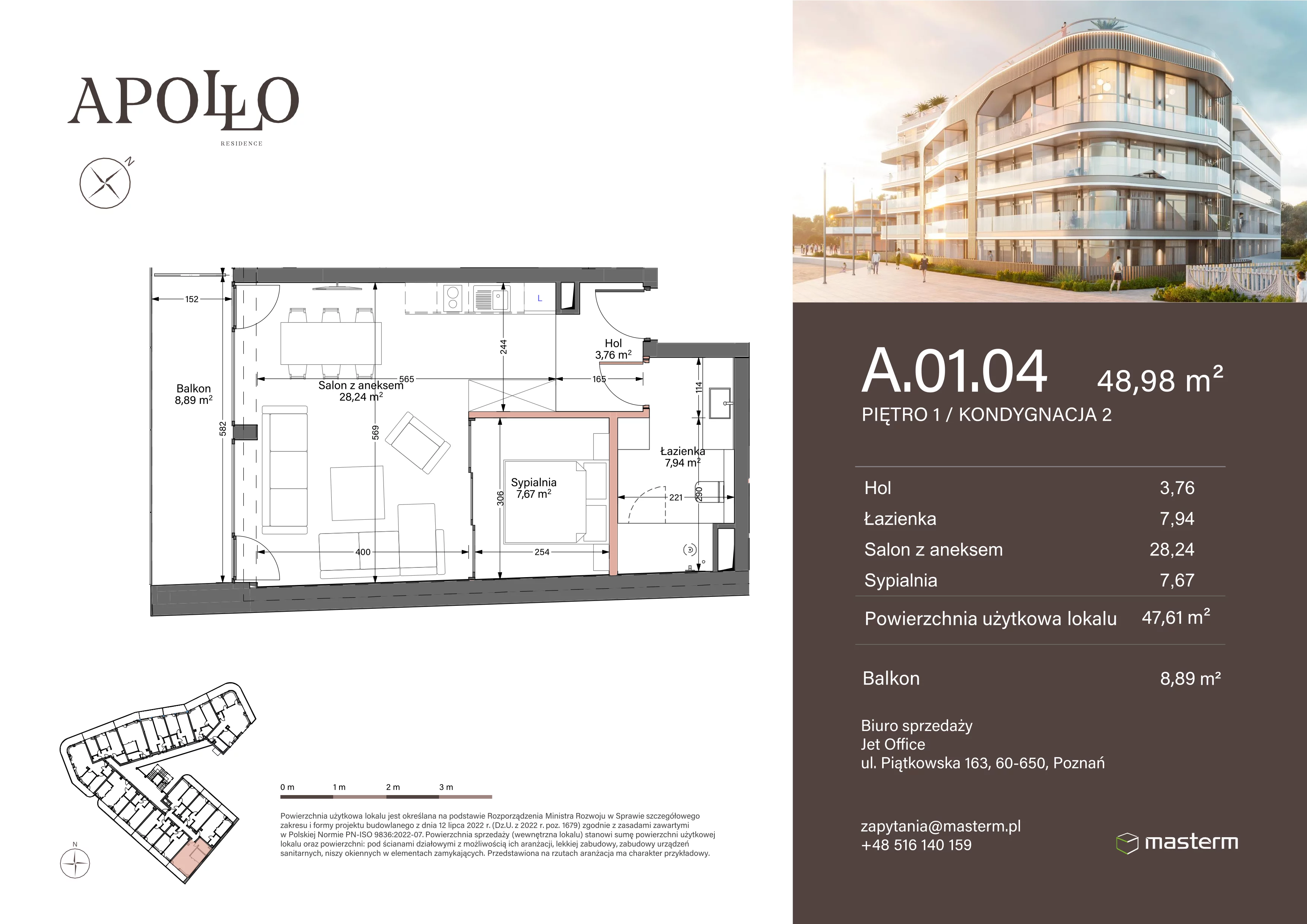 2 pokoje, mieszkanie 47,61 m², piętro 1, oferta nr A.1.04, Apollo Residence, Darłowo, ul. Kąpielowa 11