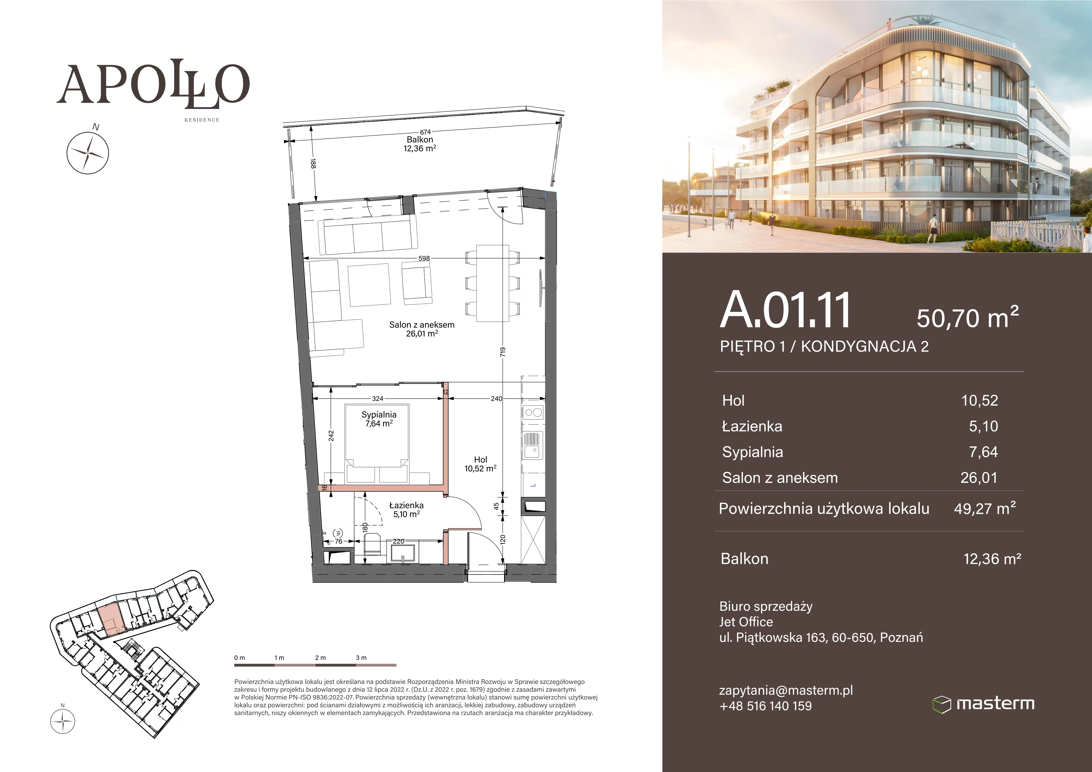 2 pokoje, mieszkanie 49,27 m², piętro 1, oferta nr A.1.11, Apollo Residence, Darłowo, ul. Kąpielowa 11
