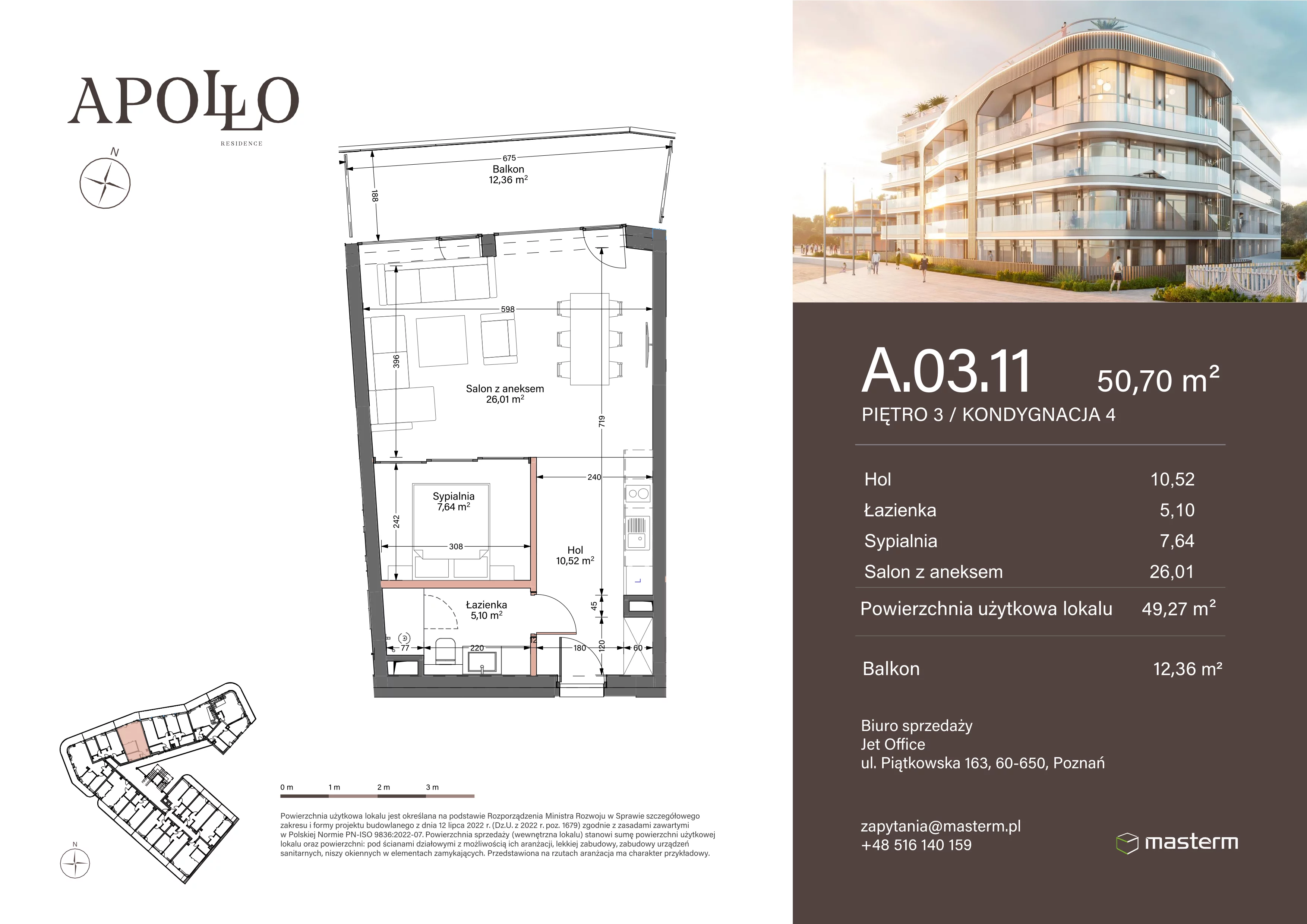 2 pokoje, mieszkanie 49,27 m², piętro 3, oferta nr A.3.11, Apollo Residence, Darłowo, ul. Kąpielowa 11
