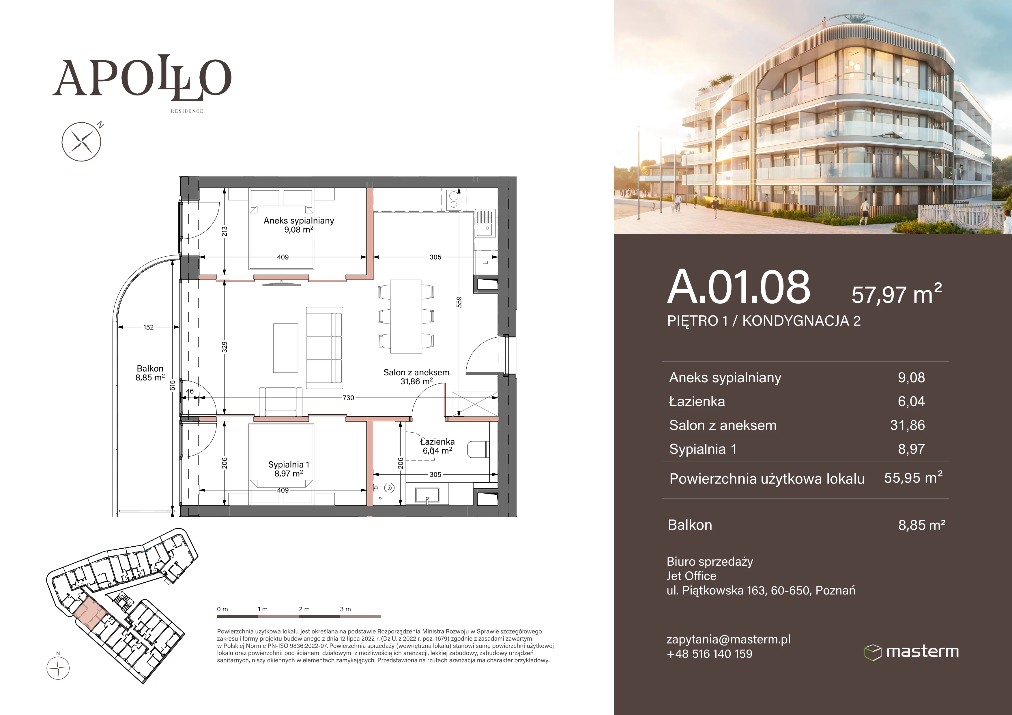 3 pokoje, mieszkanie 55,95 m², piętro 1, oferta nr A.1.08, Apollo Residence, Darłowo, ul. Kąpielowa 11