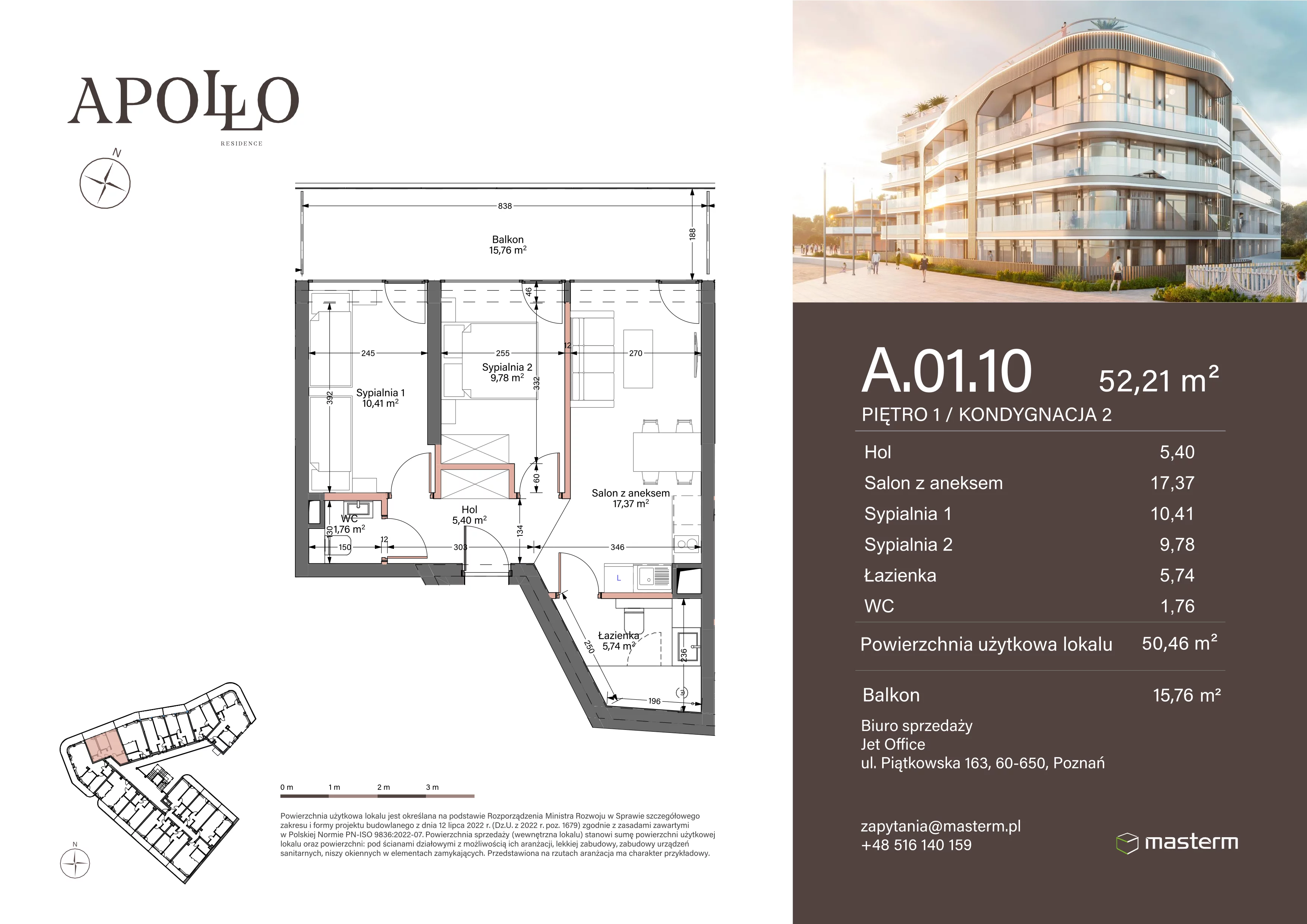 3 pokoje, mieszkanie 50,46 m², piętro 1, oferta nr A.1.10, Apollo Residence, Darłowo, ul. Kąpielowa 11