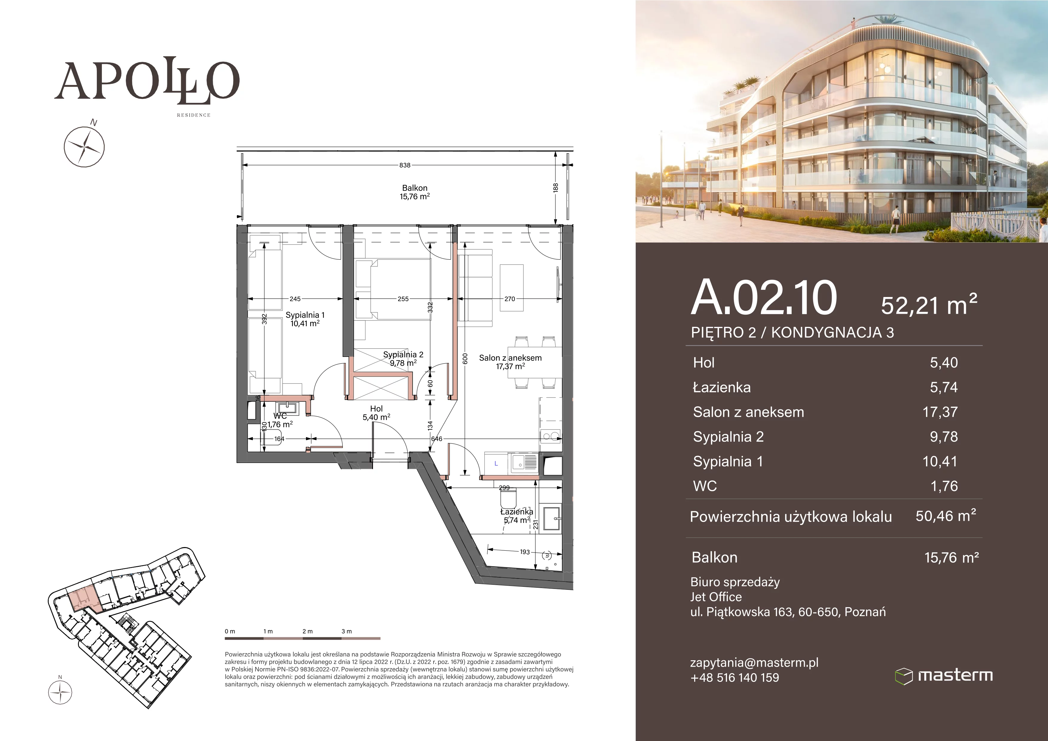 3 pokoje, mieszkanie 50,46 m², piętro 2, oferta nr A.2.10, Apollo Residence, Darłowo, ul. Kąpielowa 11