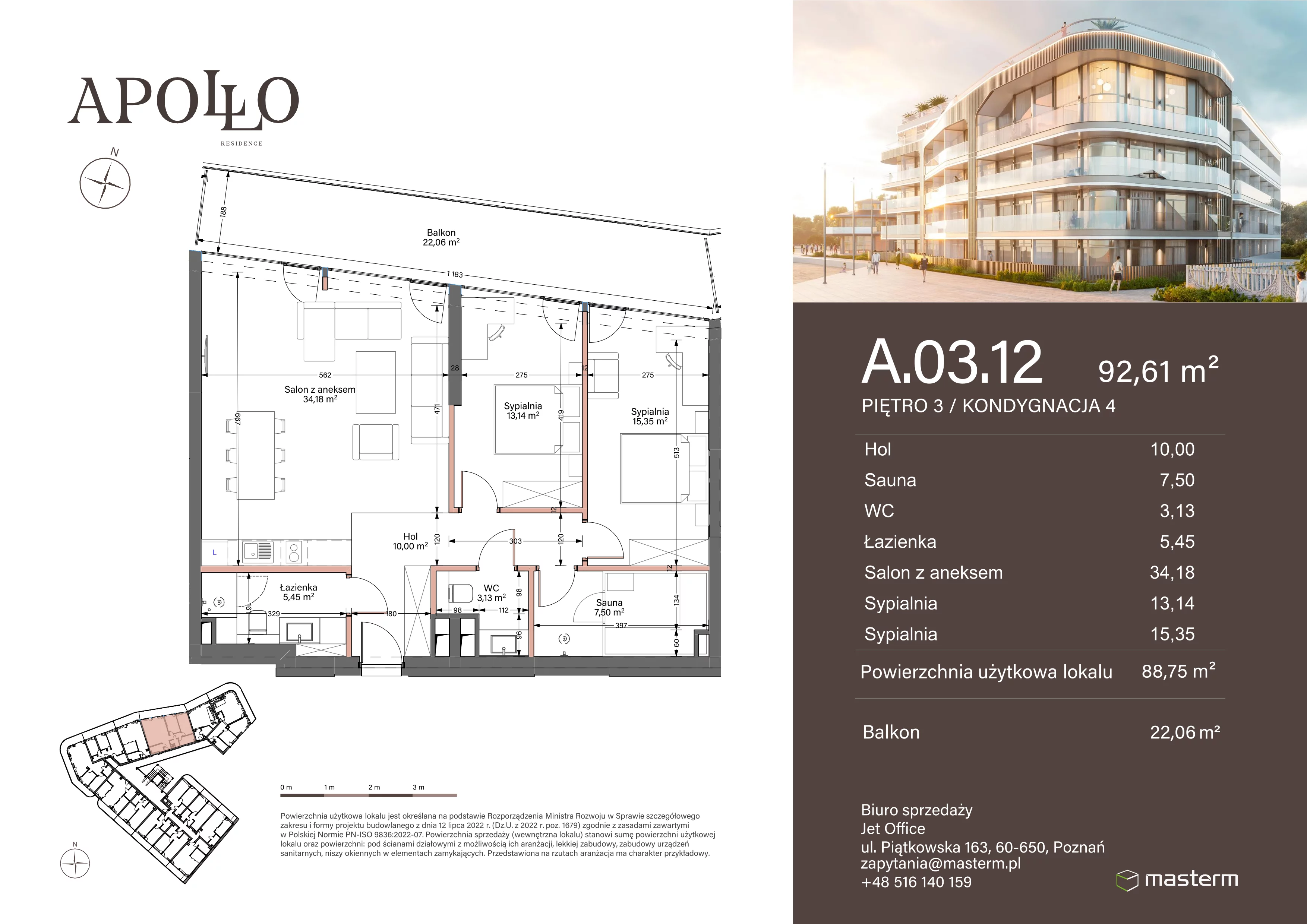 3 pokoje, mieszkanie 88,75 m², piętro 3, oferta nr A.3.12, Apollo Residence, Darłowo, ul. Kąpielowa 11