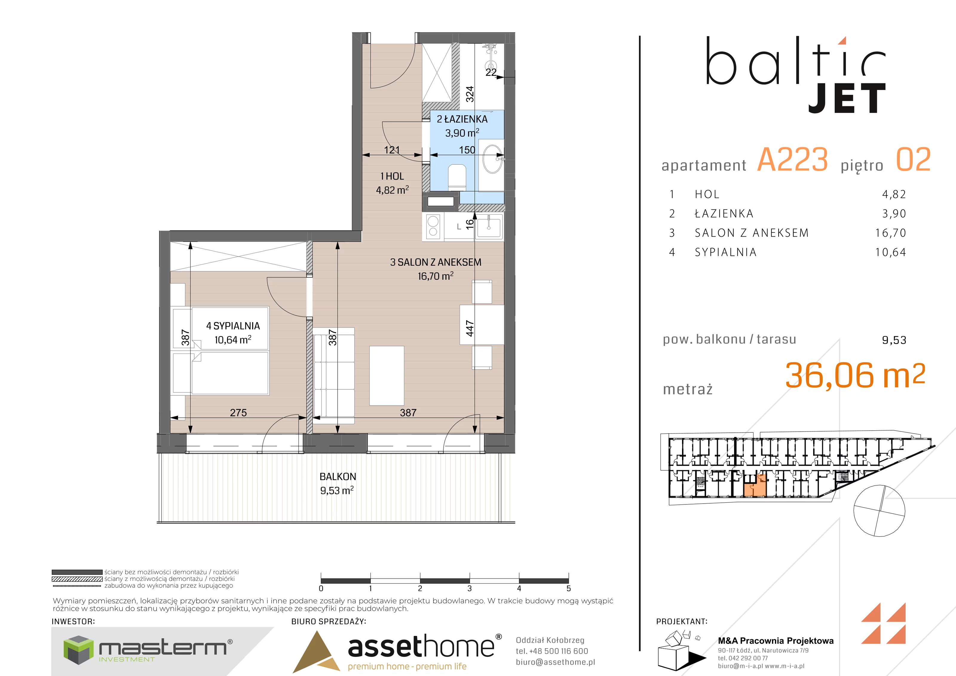 2 pokoje, apartament inwestycyjny 36,61 m², piętro 2, oferta nr A223, Baltic Jet, Ustronie Morskie, ul. Cicha 16