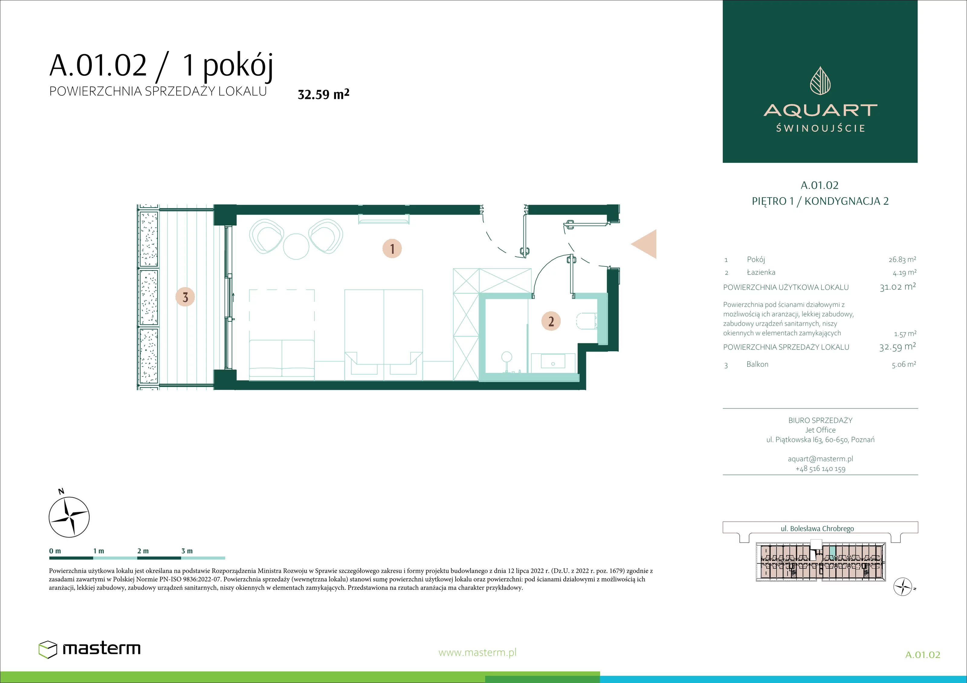 Apartament 32,59 m², piętro 1, oferta nr A/01/02, Aquart, Świnoujście, ul. Bolesława Chrobrego 35