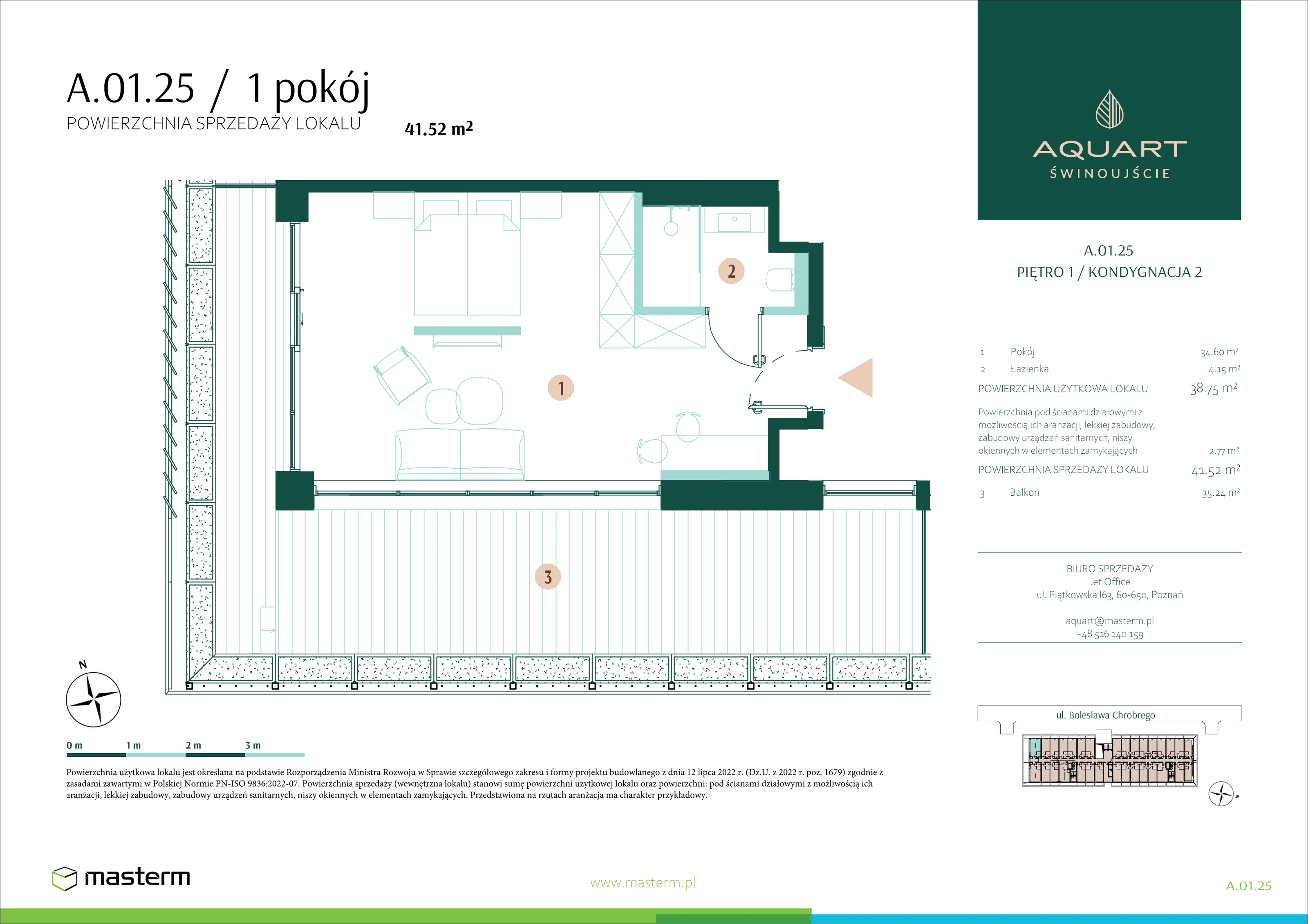 1 pokój, apartament 41,52 m², piętro 1, oferta nr A/01/25, Aquart, Świnoujście, ul. Bolesława Chrobrego 35
