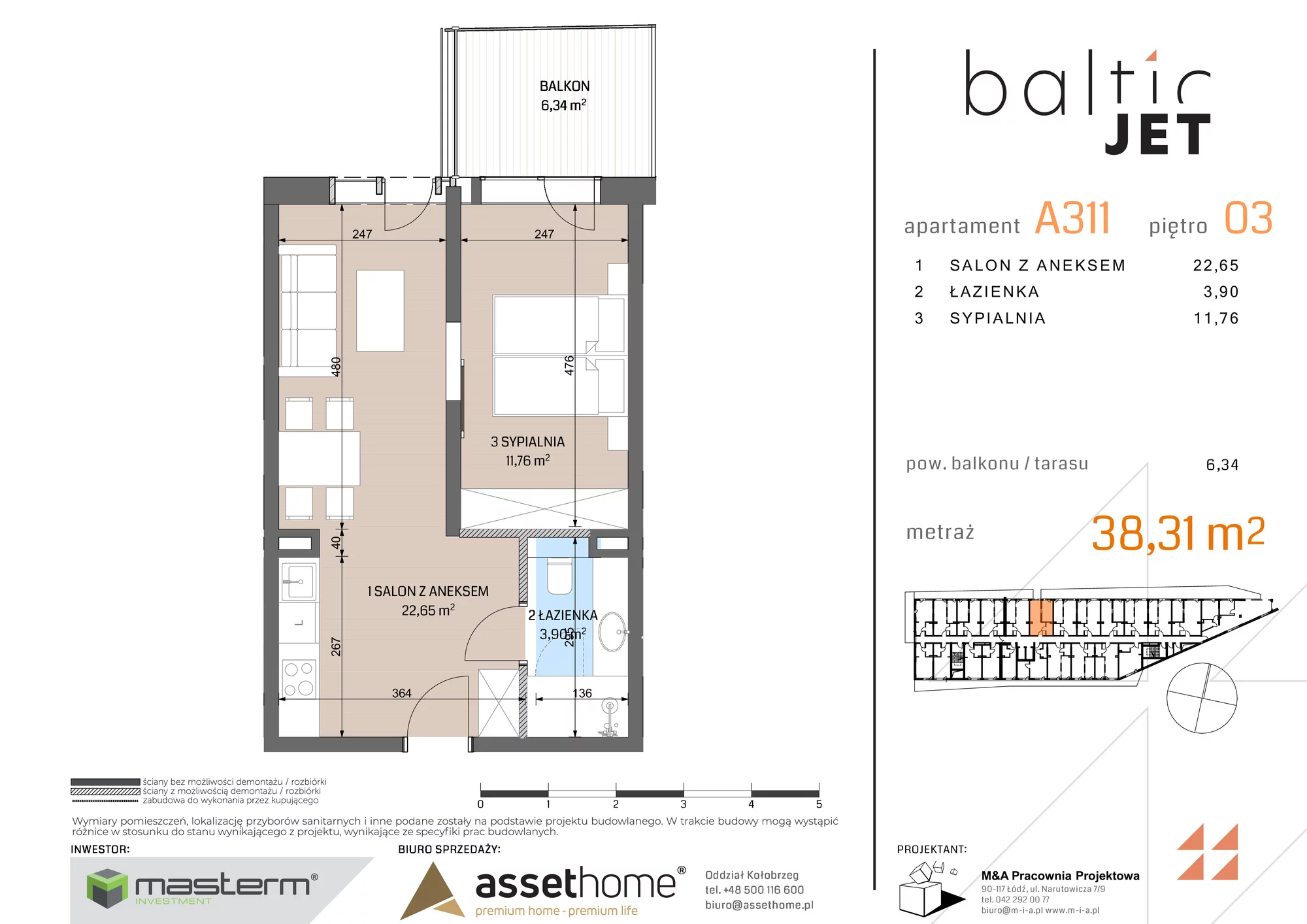 Apartament 38,31 m², piętro 3, oferta nr A311, Baltic Jet, Ustronie Morskie, ul. Graniczna