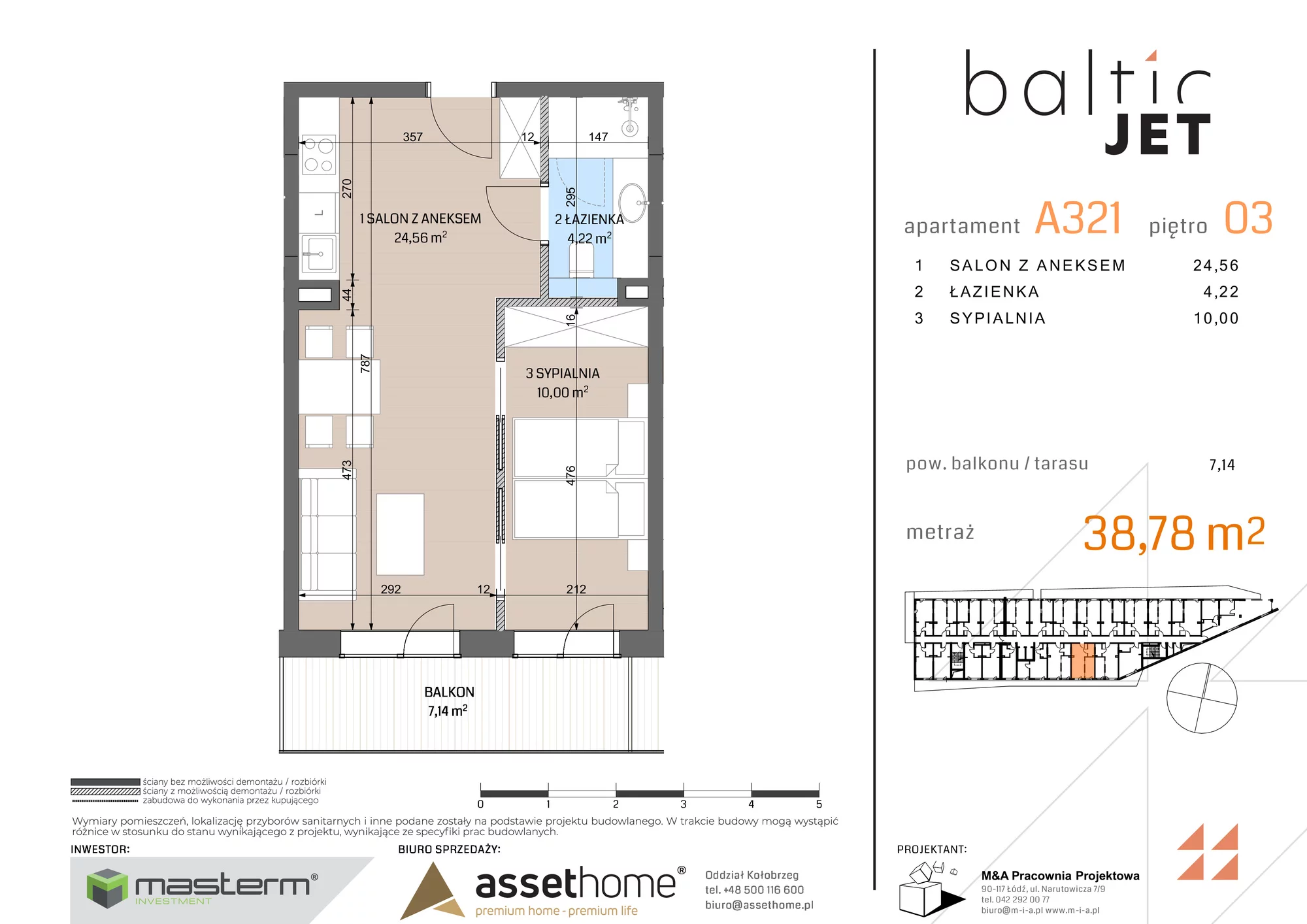 2 pokoje, apartament 38,78 m², piętro 3, oferta nr A321, Baltic Jet, Ustronie Morskie, ul. Graniczna