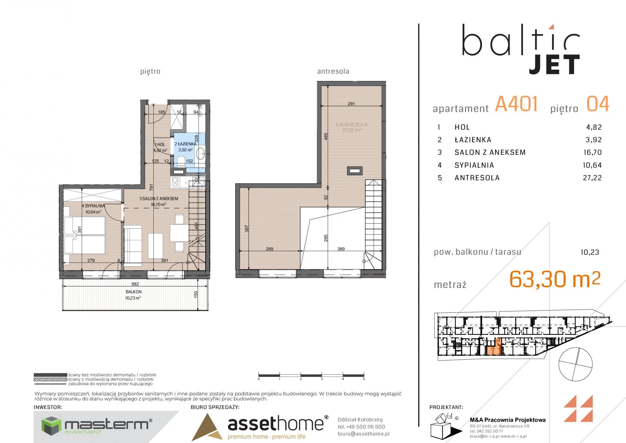 3 pokoje, apartament 63,30 m², piętro 4, oferta nr A401, Baltic Jet, Ustronie Morskie, ul. Graniczna