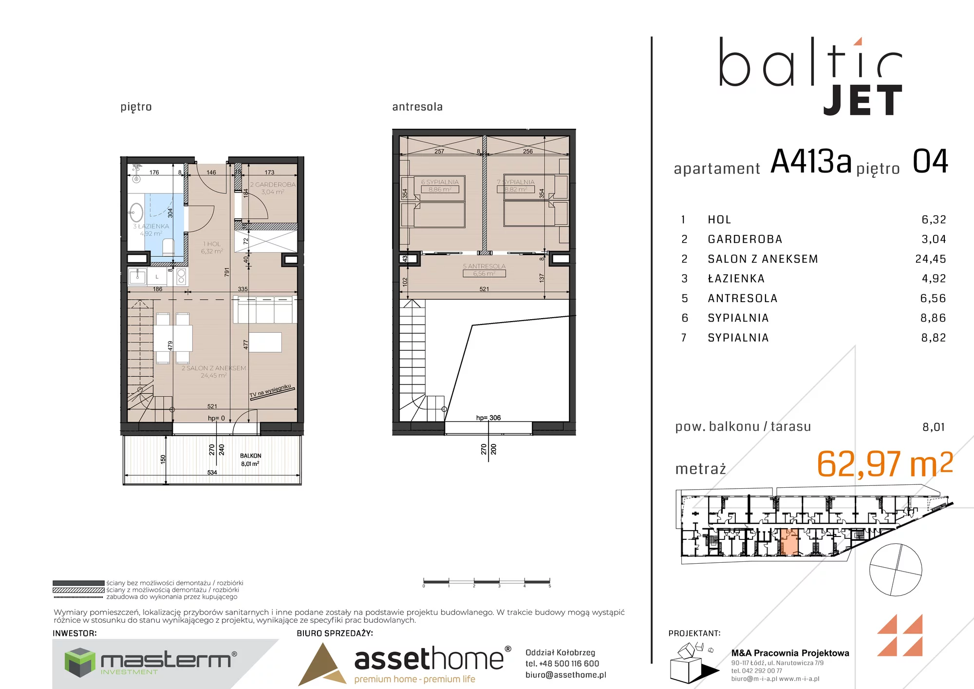 3 pokoje, apartament 62,97 m², piętro 4, oferta nr A413A, Baltic Jet, Ustronie Morskie, ul. Graniczna