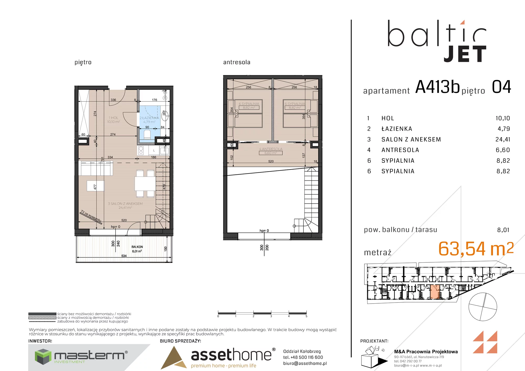 3 pokoje, apartament 63,54 m², piętro 4, oferta nr A413B, Baltic Jet, Ustronie Morskie, ul. Graniczna