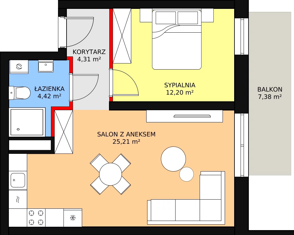 Mieszkanie 47,09 m², piętro 2, oferta nr B.2.6, Polanka 21, Poznań, Rataje, Łacina, ul. Polanka 21