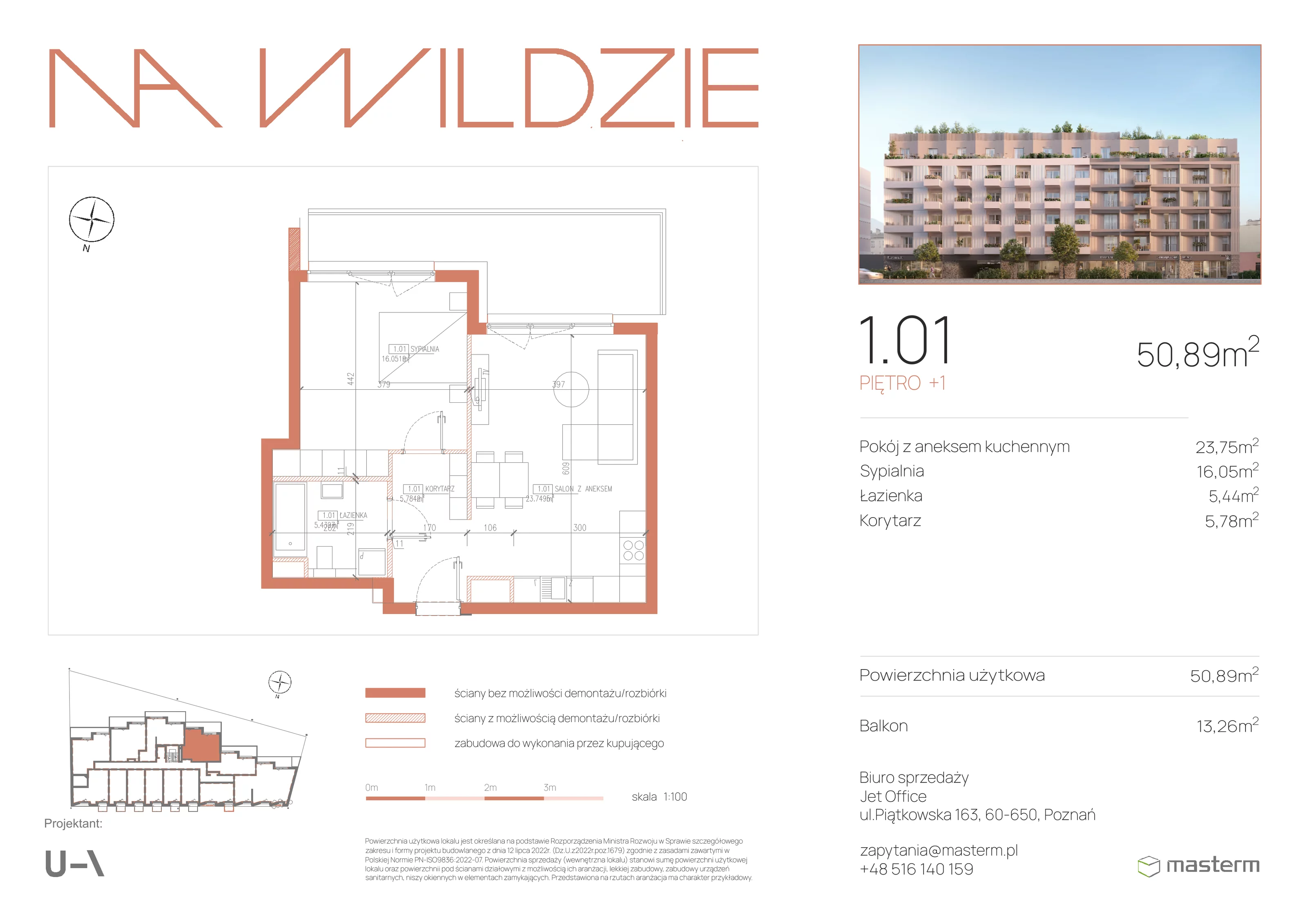 2 pokoje, mieszkanie 51,02 m², piętro 1, oferta nr 1.01, Na Wildzie, Poznań, Wilda, ul. Sikorskiego 40
