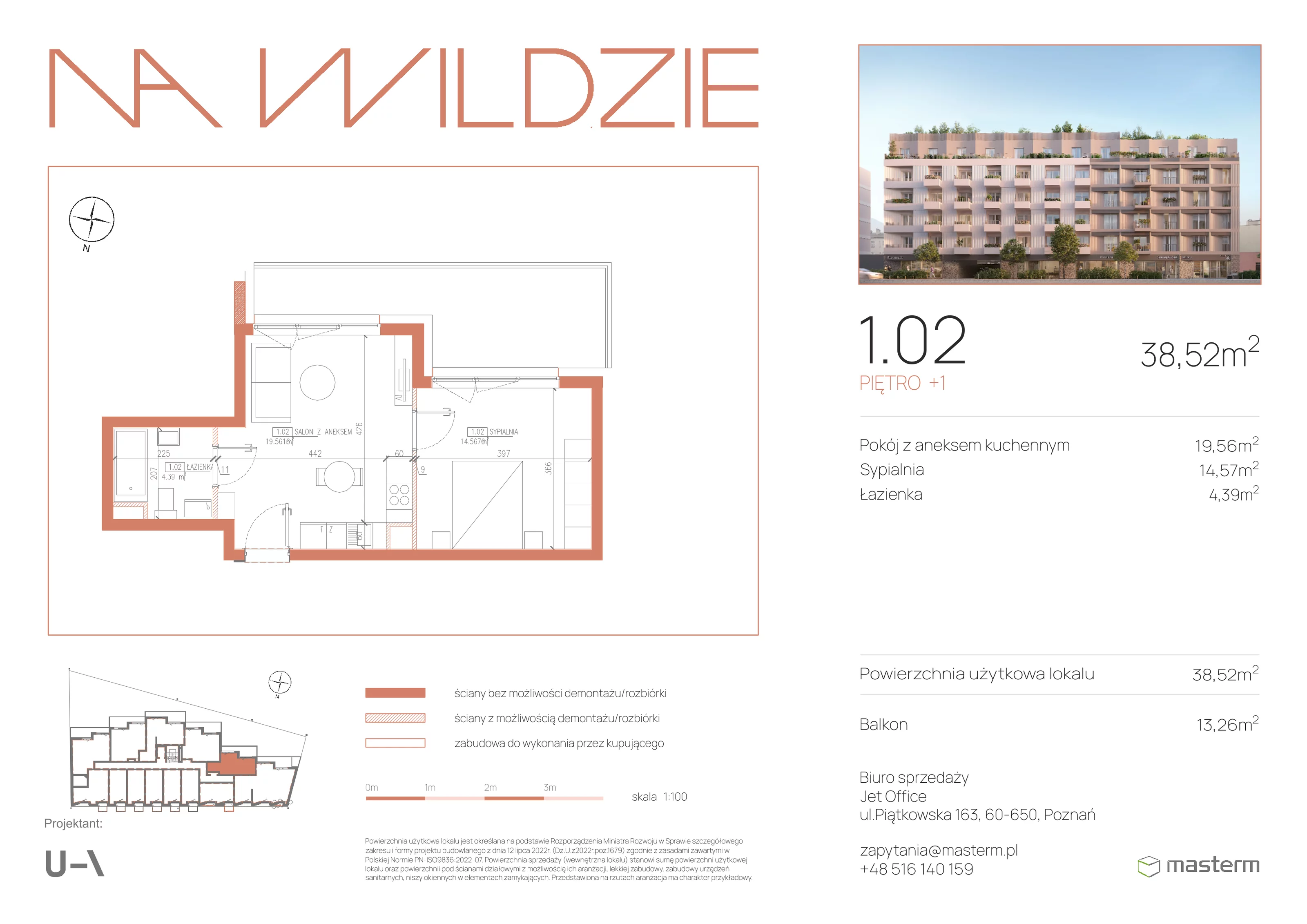 2 pokoje, mieszkanie 38,52 m², piętro 1, oferta nr 1.02, Na Wildzie, Poznań, Wilda, ul. Sikorskiego 40
