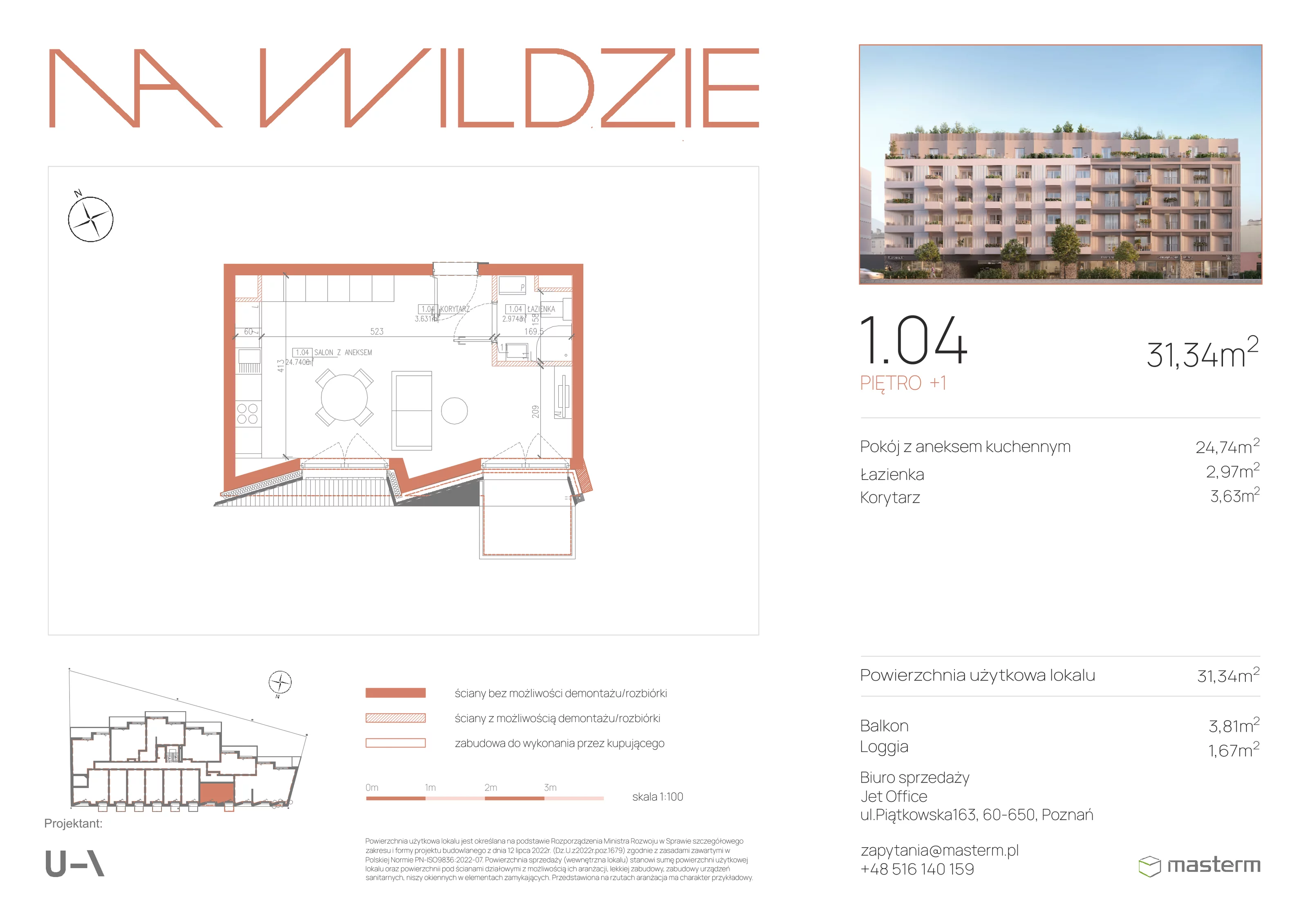 1 pokój, mieszkanie 31,34 m², piętro 1, oferta nr 1.04, Na Wildzie, Poznań, Wilda, ul. Sikorskiego 40