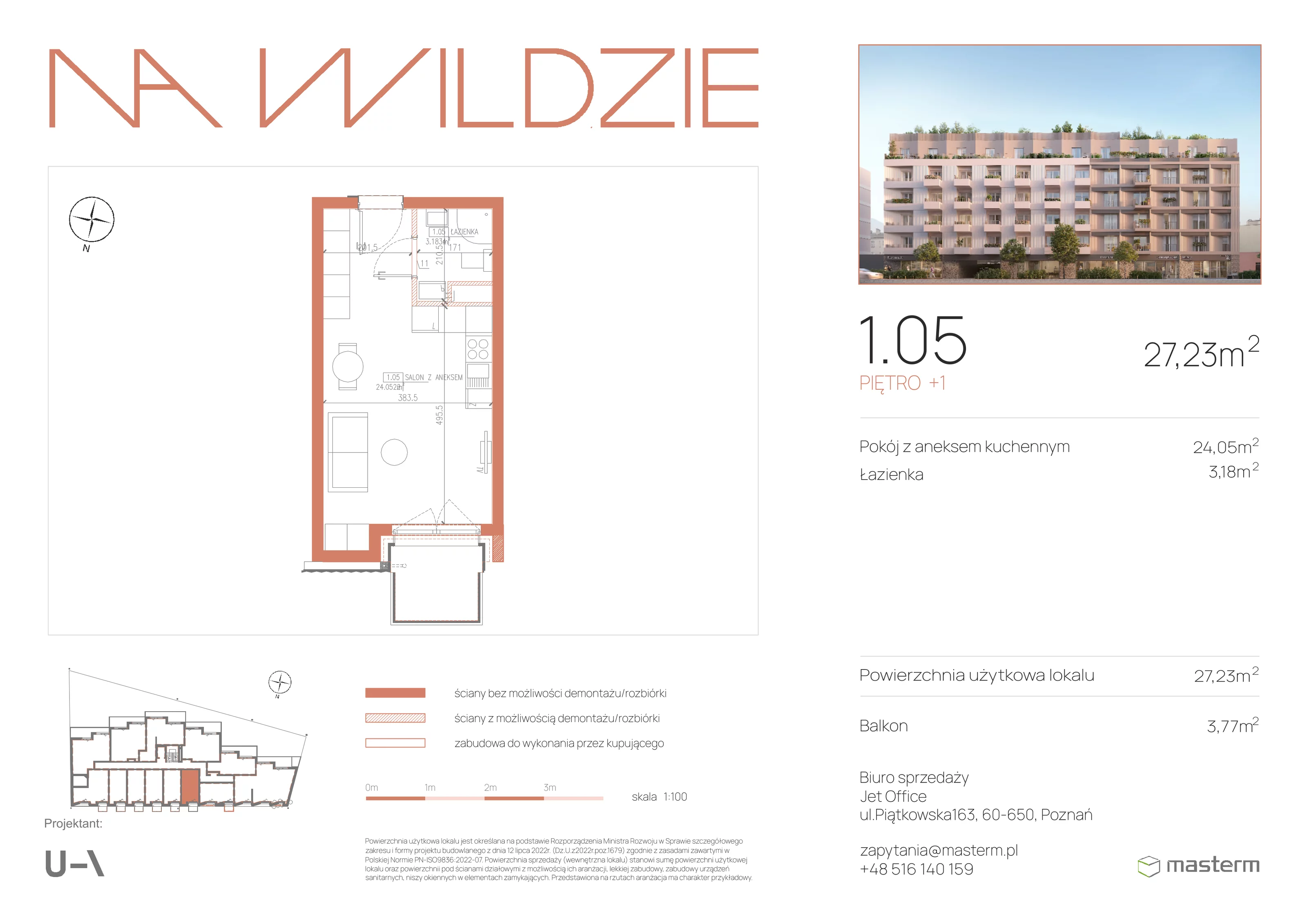 1 pokój, mieszkanie 27,23 m², piętro 1, oferta nr 1.05, Na Wildzie, Poznań, Wilda, ul. Sikorskiego 40