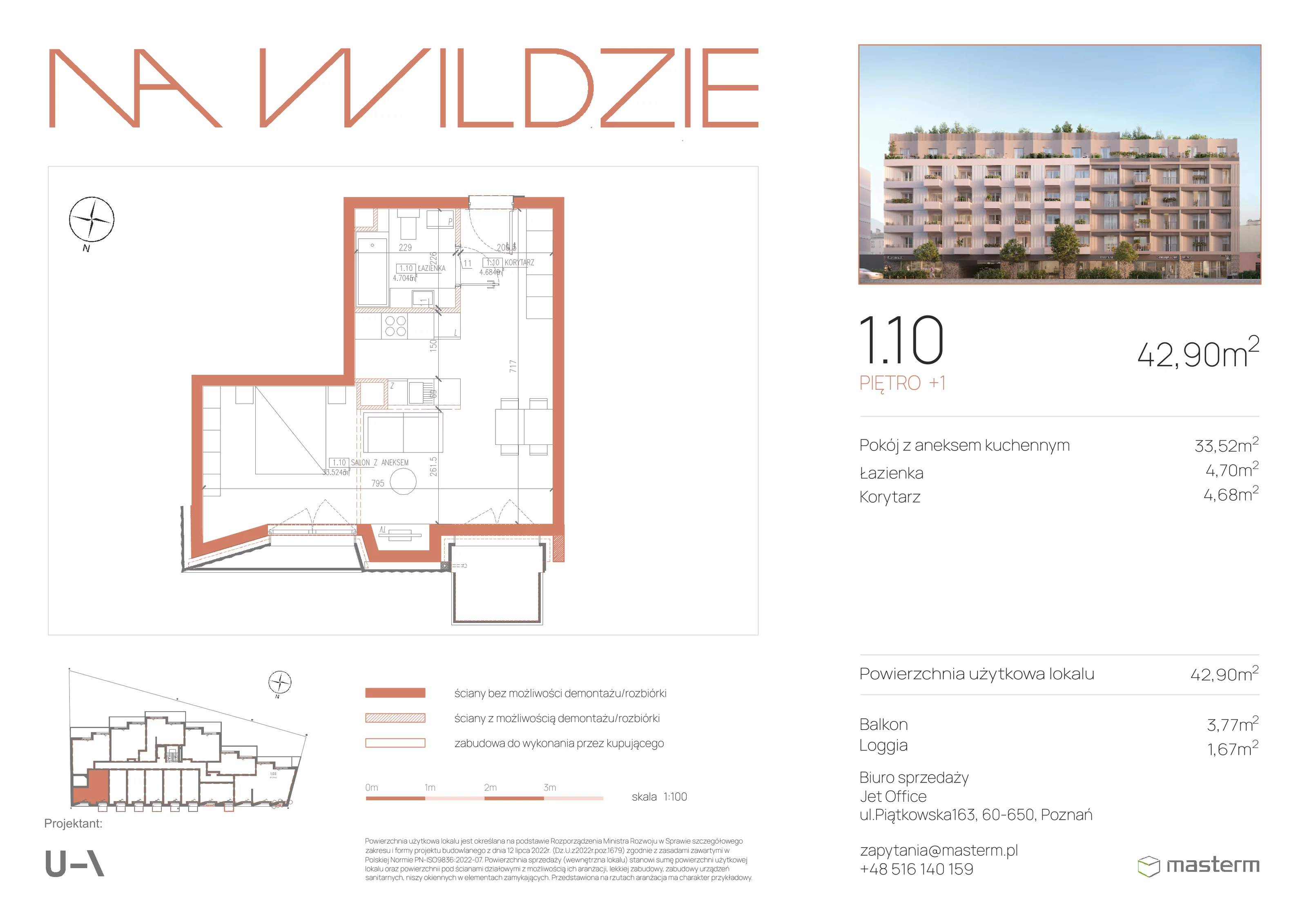 1 pokój, mieszkanie 42,90 m², piętro 1, oferta nr 1.10, Na Wildzie, Poznań, Wilda, ul. Sikorskiego 40