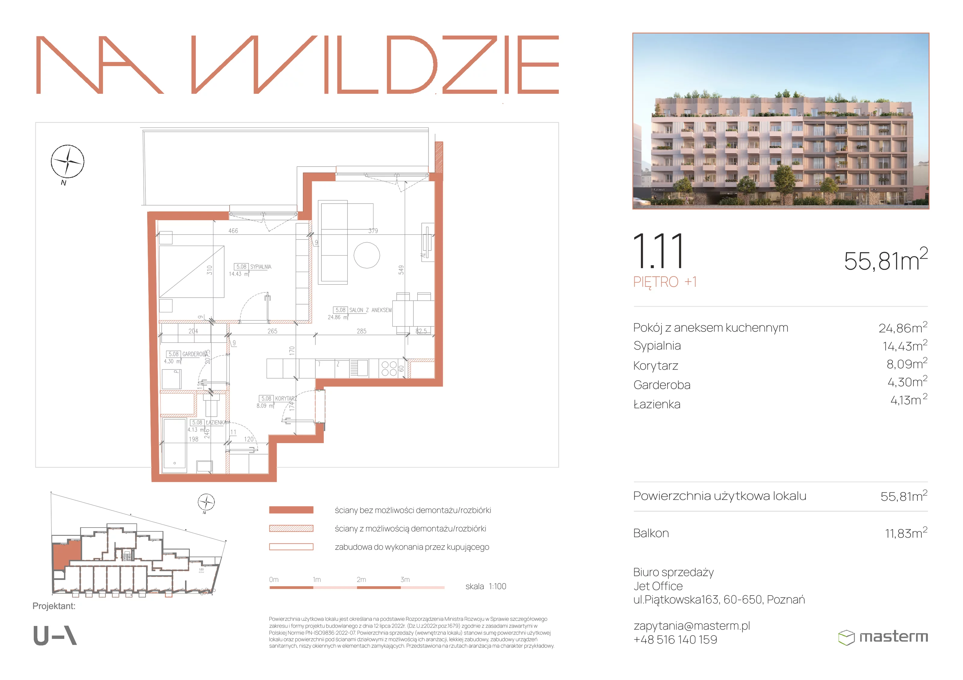 2 pokoje, mieszkanie 55,83 m², piętro 1, oferta nr 1.11, Na Wildzie, Poznań, Wilda, ul. Sikorskiego 40