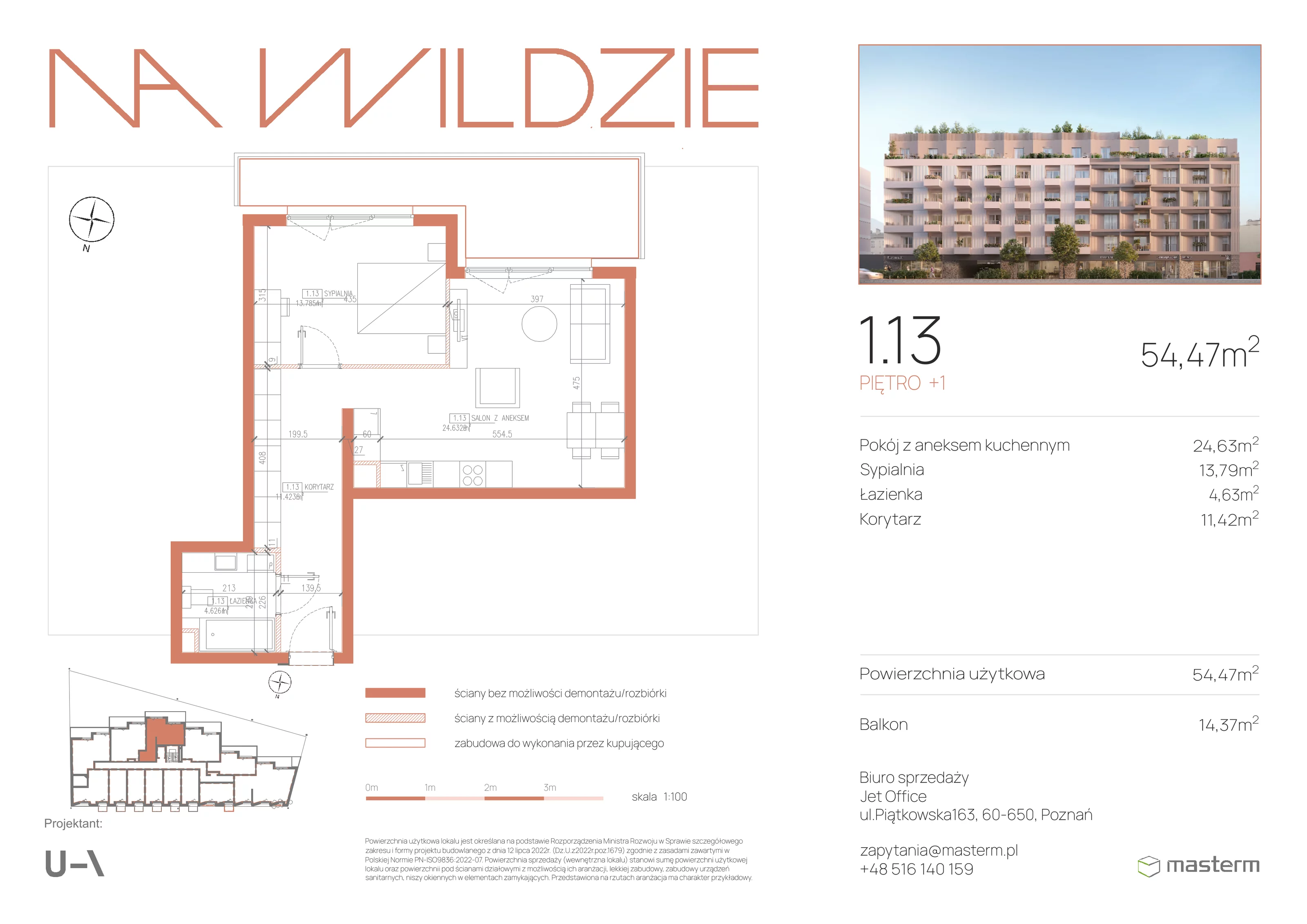 2 pokoje, mieszkanie 54,47 m², piętro 1, oferta nr 1.13, Na Wildzie, Poznań, Wilda, ul. Sikorskiego 40