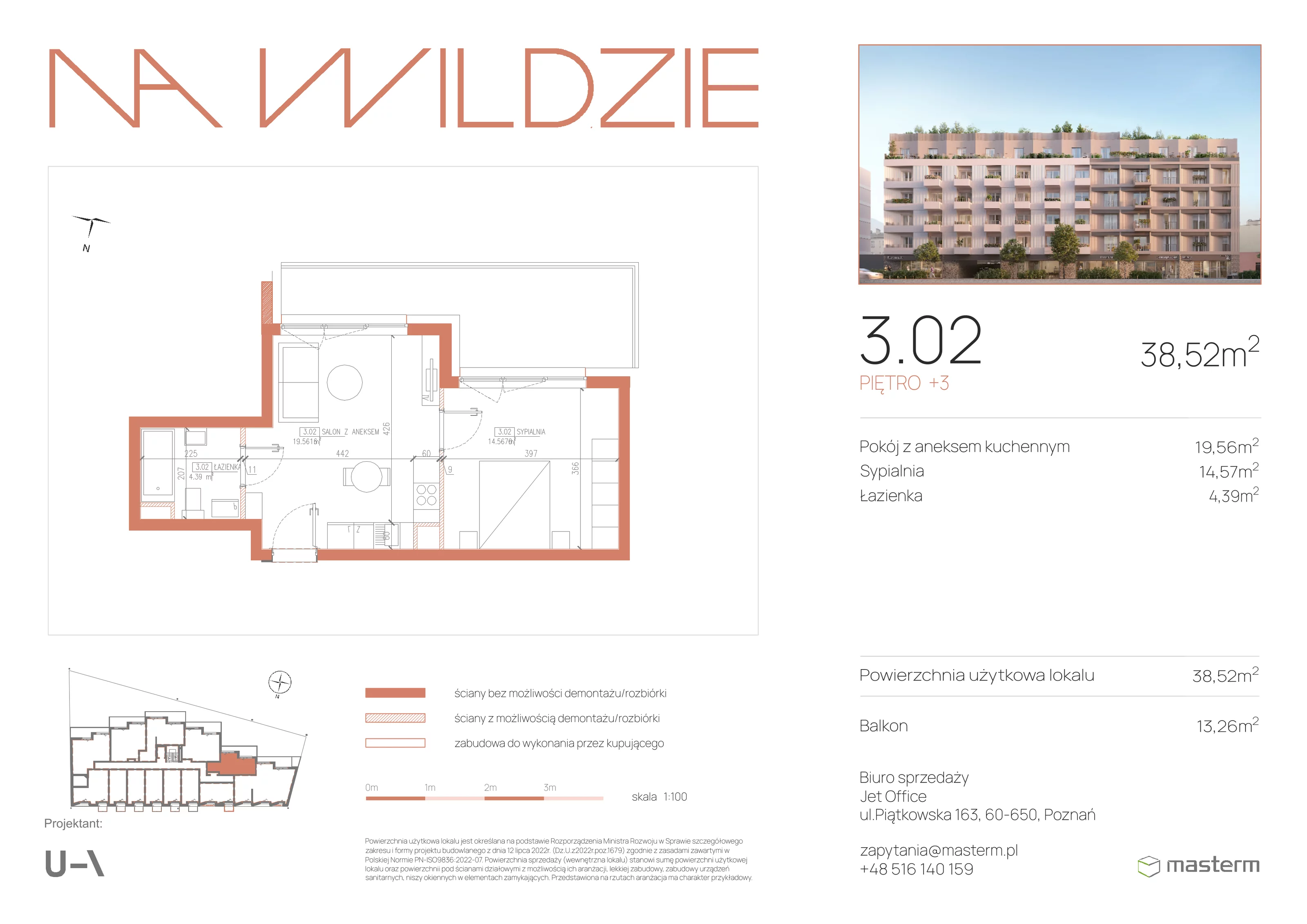2 pokoje, mieszkanie 38,52 m², piętro 3, oferta nr 3.02, Na Wildzie, Poznań, Wilda, ul. Sikorskiego 40