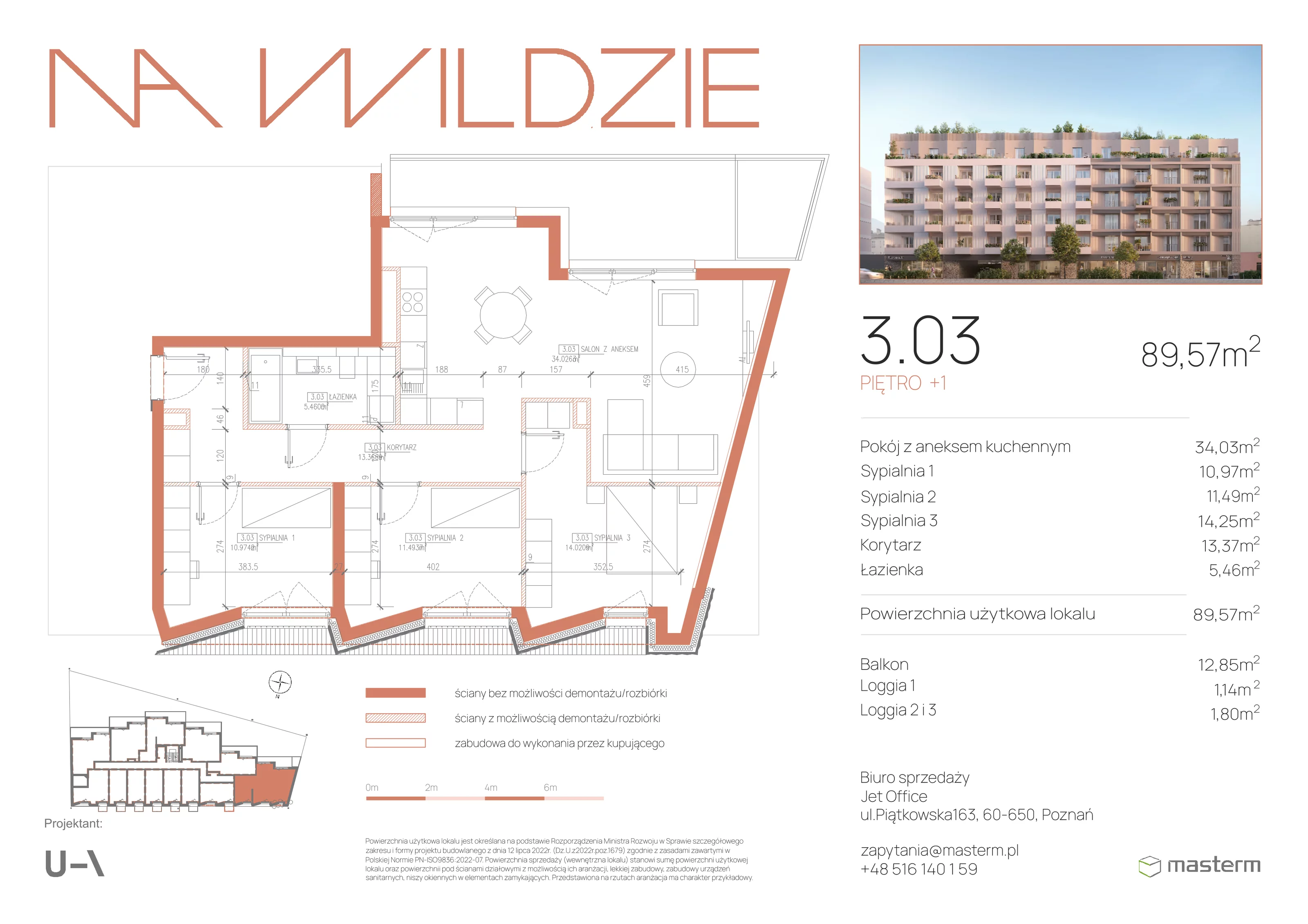 4 pokoje, mieszkanie 89,29 m², piętro 3, oferta nr 3.03, Na Wildzie, Poznań, Wilda, ul. Sikorskiego 40