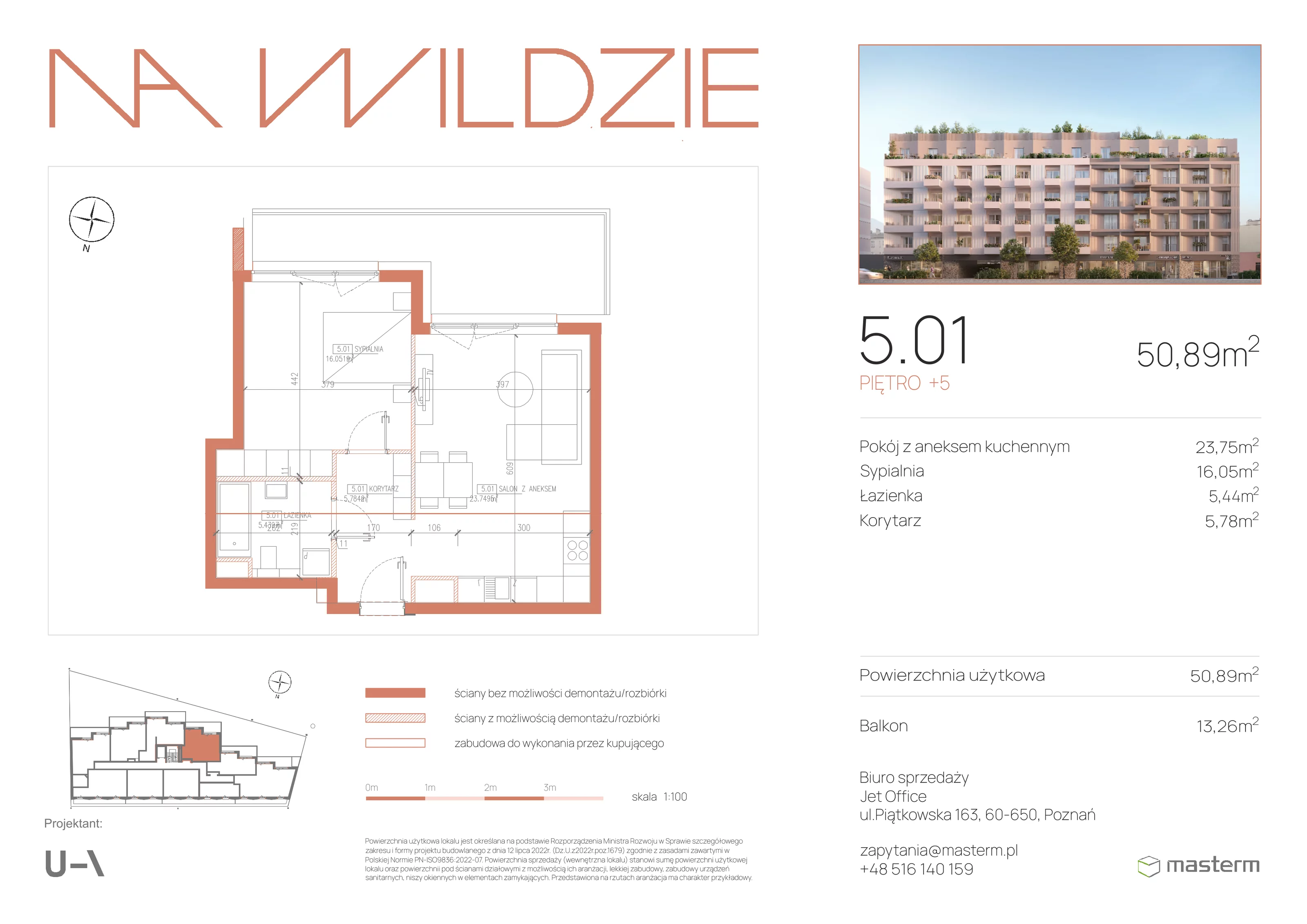 2 pokoje, mieszkanie 51,02 m², piętro 5, oferta nr 5.01, Na Wildzie, Poznań, Wilda, ul. Sikorskiego 40