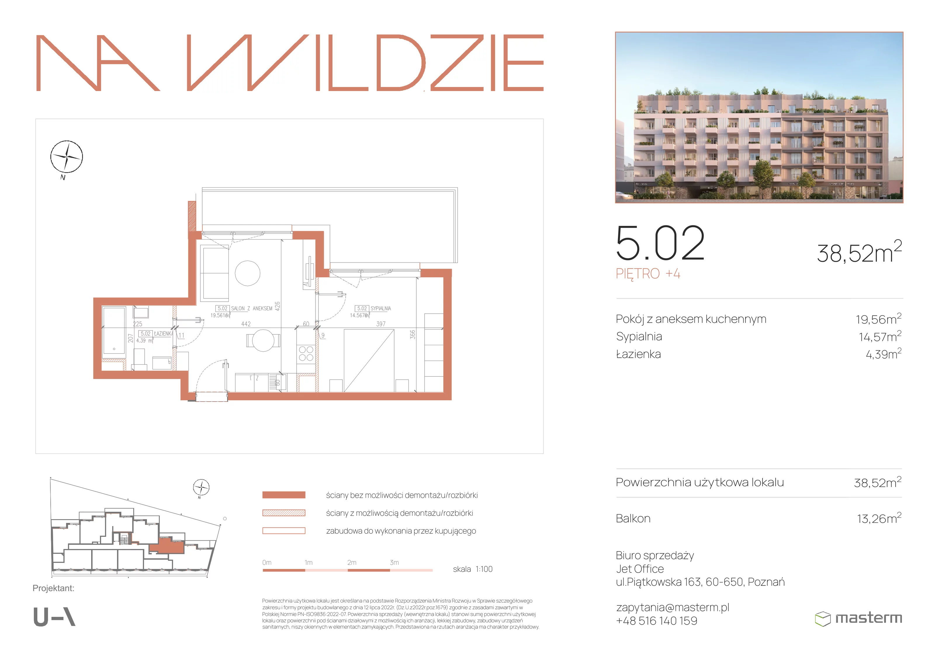 2 pokoje, mieszkanie 38,52 m², piętro 5, oferta nr 5.02, Na Wildzie, Poznań, Wilda, ul. Sikorskiego 40