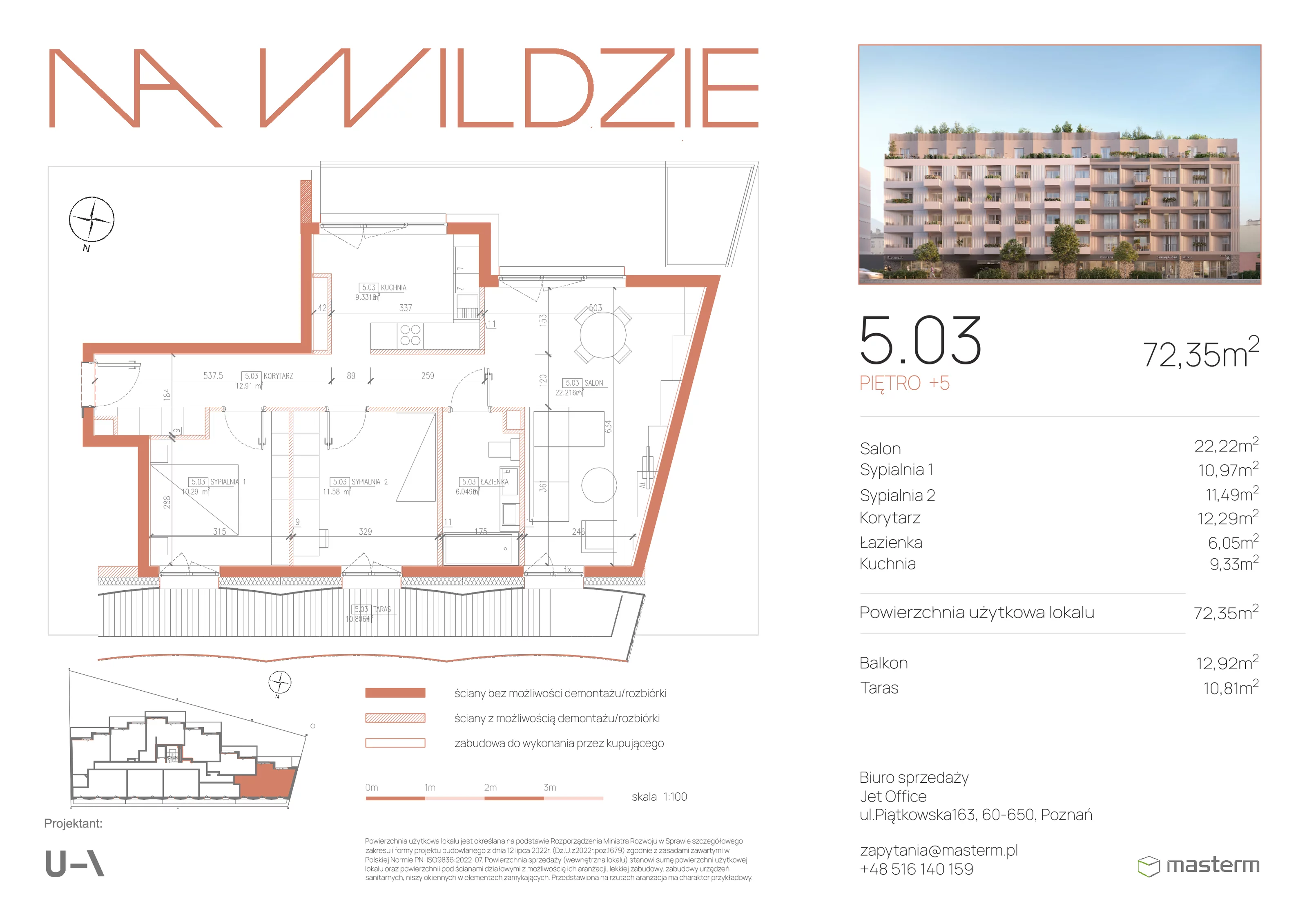 3 pokoje, mieszkanie 72,39 m², piętro 5, oferta nr 5.03, Na Wildzie, Poznań, Wilda, ul. Sikorskiego 40