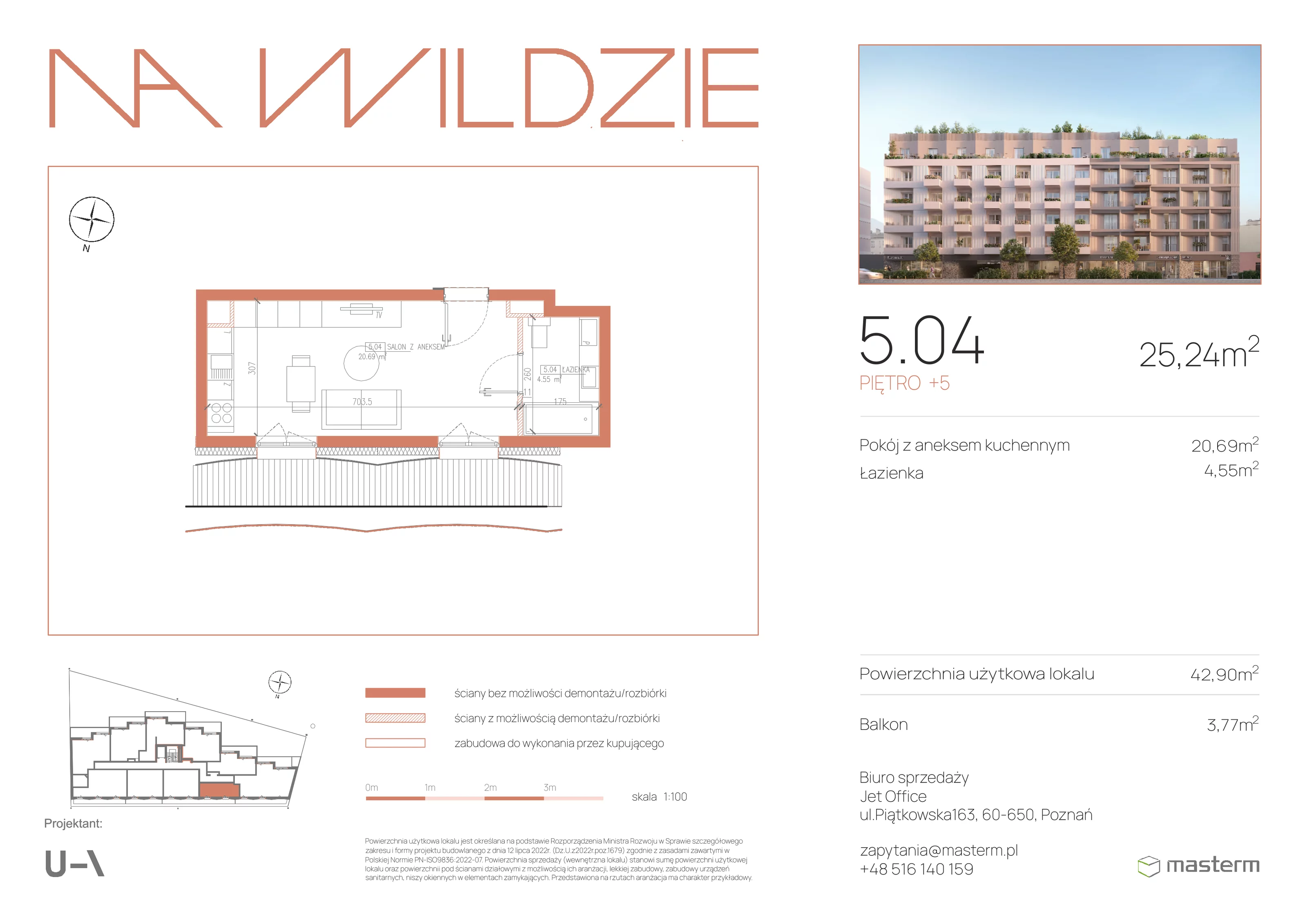1 pokój, mieszkanie 25,24 m², piętro 5, oferta nr 5.04, Na Wildzie, Poznań, Wilda, ul. Sikorskiego 40