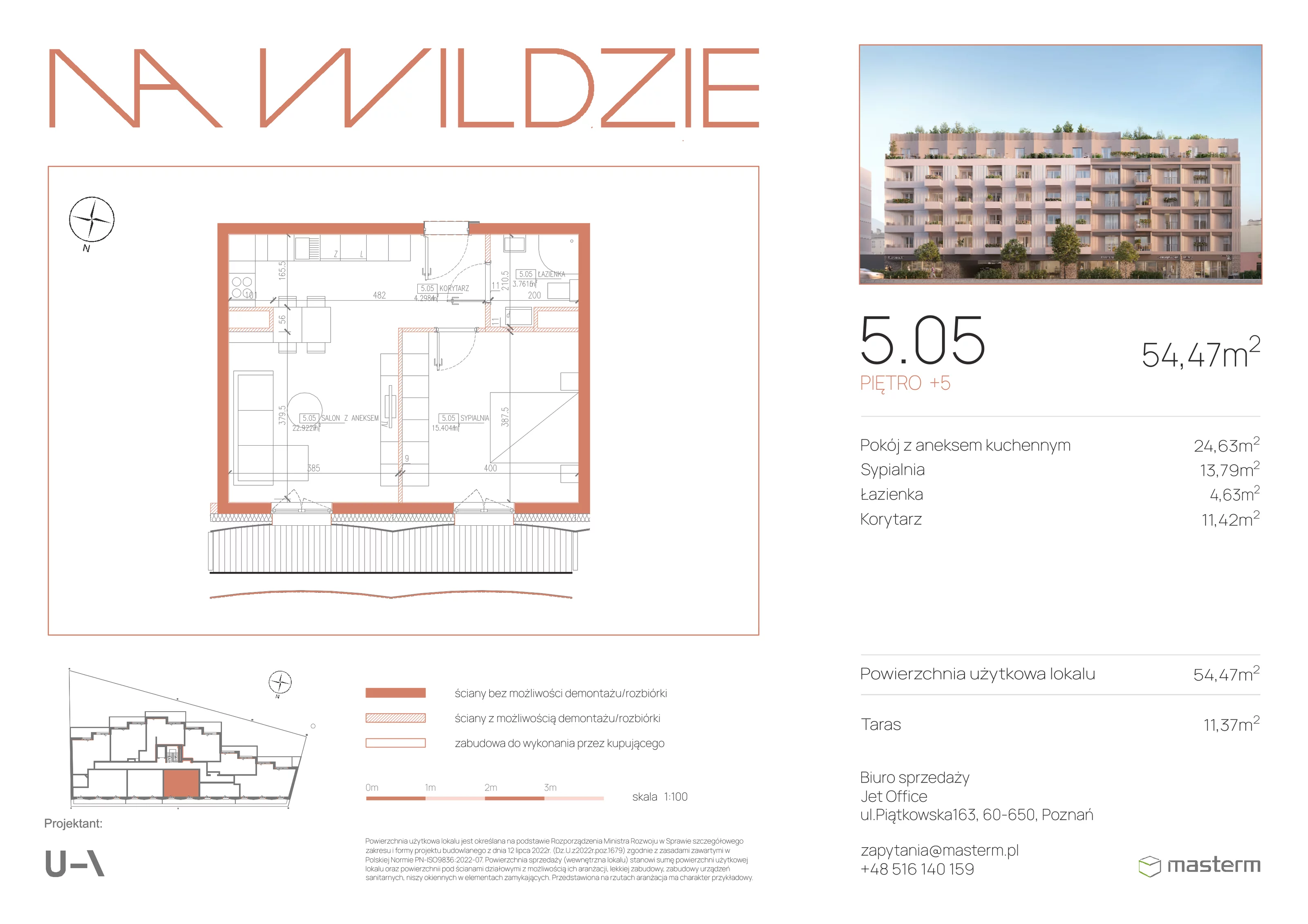 2 pokoje, mieszkanie 46,38 m², piętro 5, oferta nr 5.05, Na Wildzie, Poznań, Wilda, ul. Sikorskiego 40