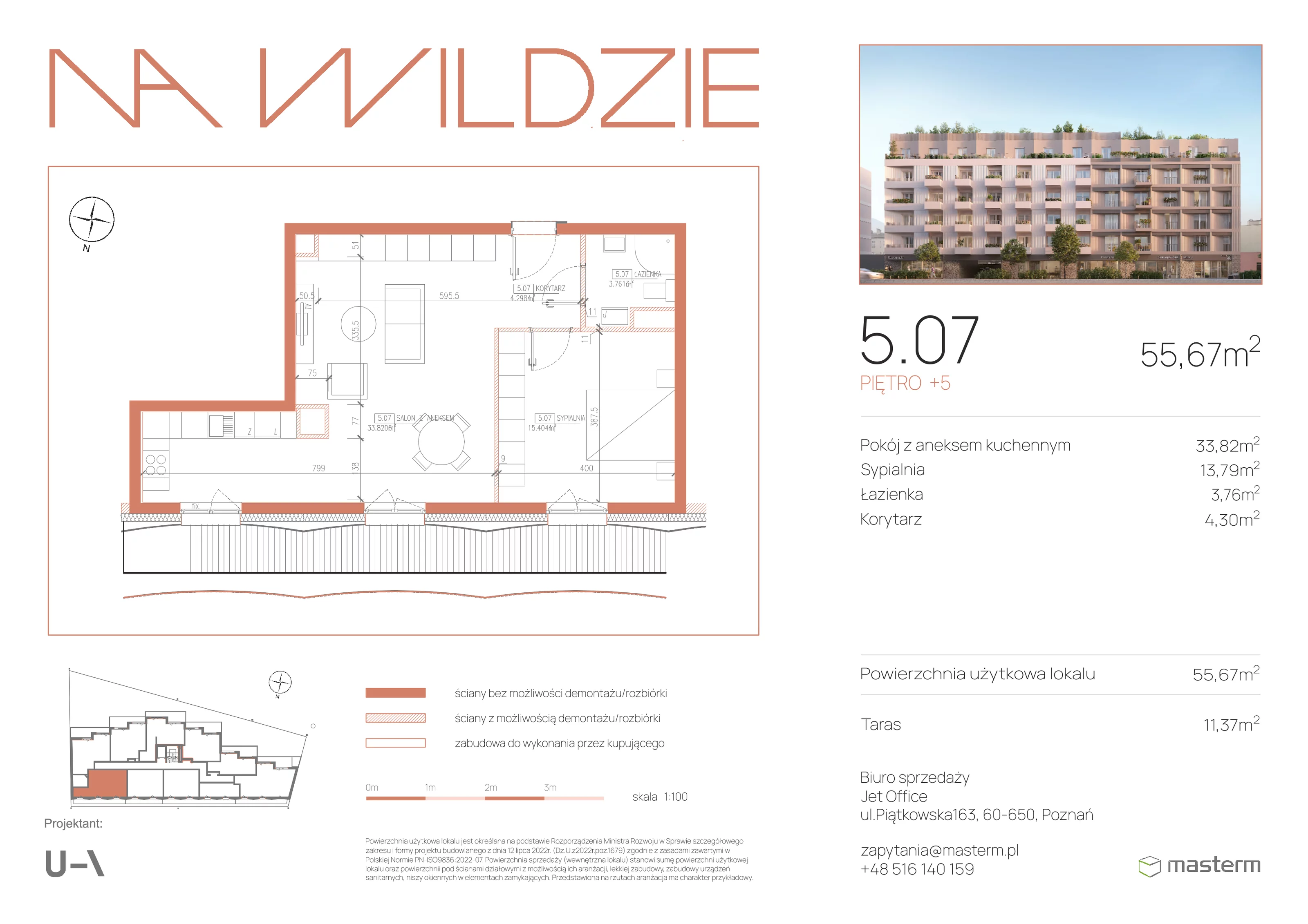 2 pokoje, mieszkanie 57,58 m², piętro 5, oferta nr 5.07, Na Wildzie, Poznań, Wilda, ul. Sikorskiego 40