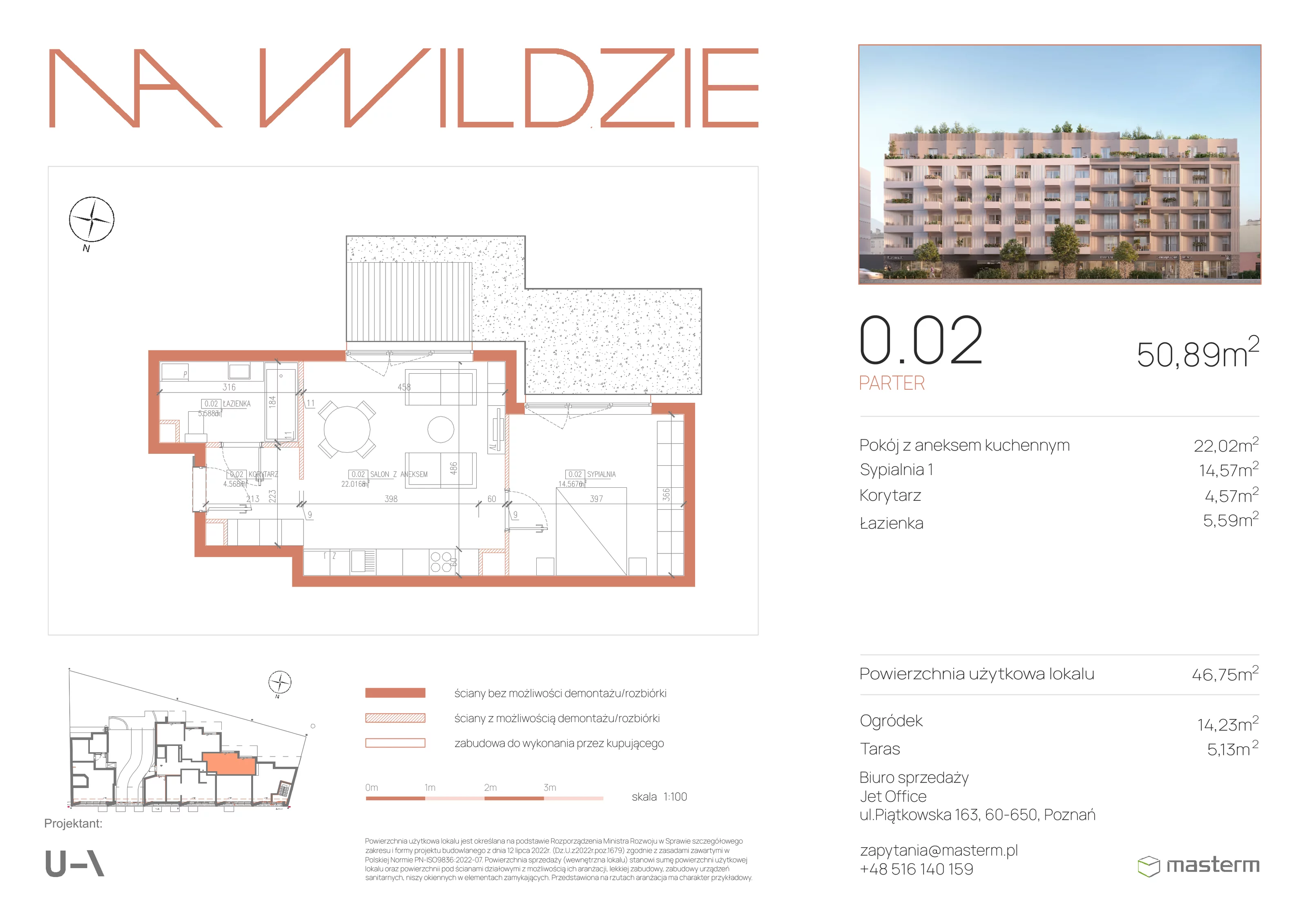 2 pokoje, mieszkanie 50,89 m², parter, oferta nr 0.02, Na Wildzie, Poznań, Wilda, ul. Sikorskiego 40