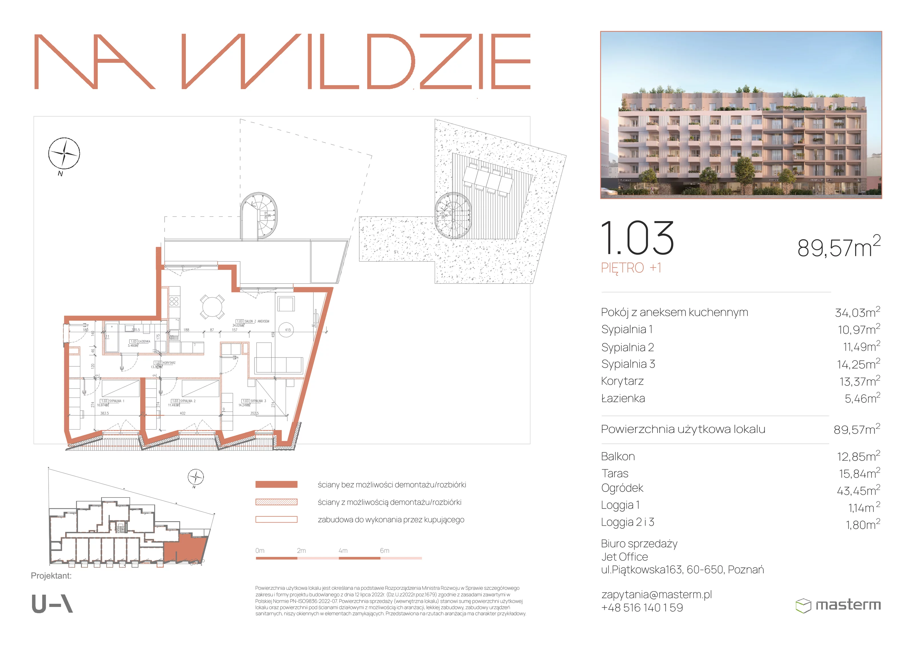 4 pokoje, mieszkanie 89,57 m², piętro 1, oferta nr 1.03, Na Wildzie, Poznań, Wilda, ul. Sikorskiego 40