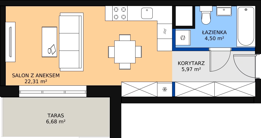 Zalety mieszkania 33.31 m², B.0.03.1a