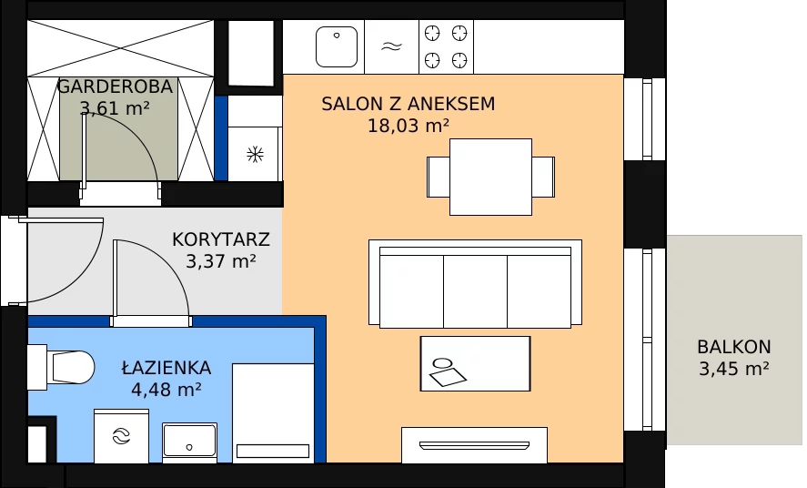 Zalety mieszkania 29.96 m², B.3.68.1k