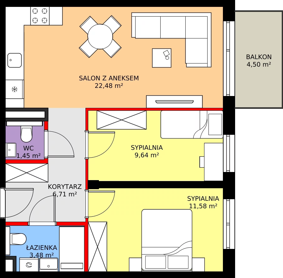 Zalety mieszkania 55.45 m², B.3.30.3a