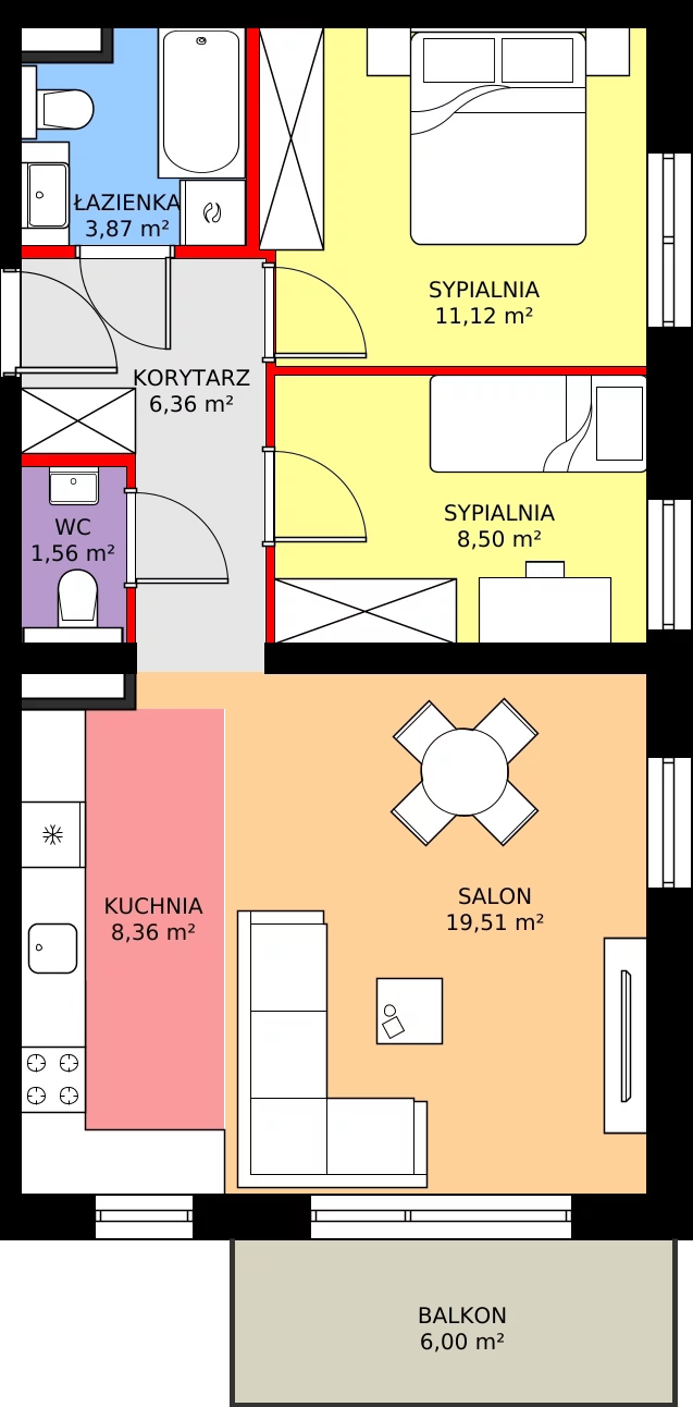 Zalety mieszkania 59.2 m², E.3.22.3k