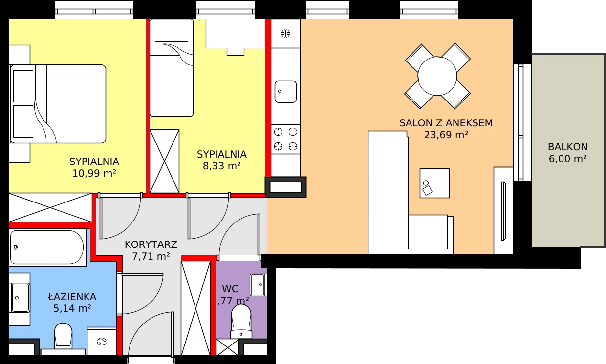 Zalety mieszkania 57.63 m², E.2.17.3a