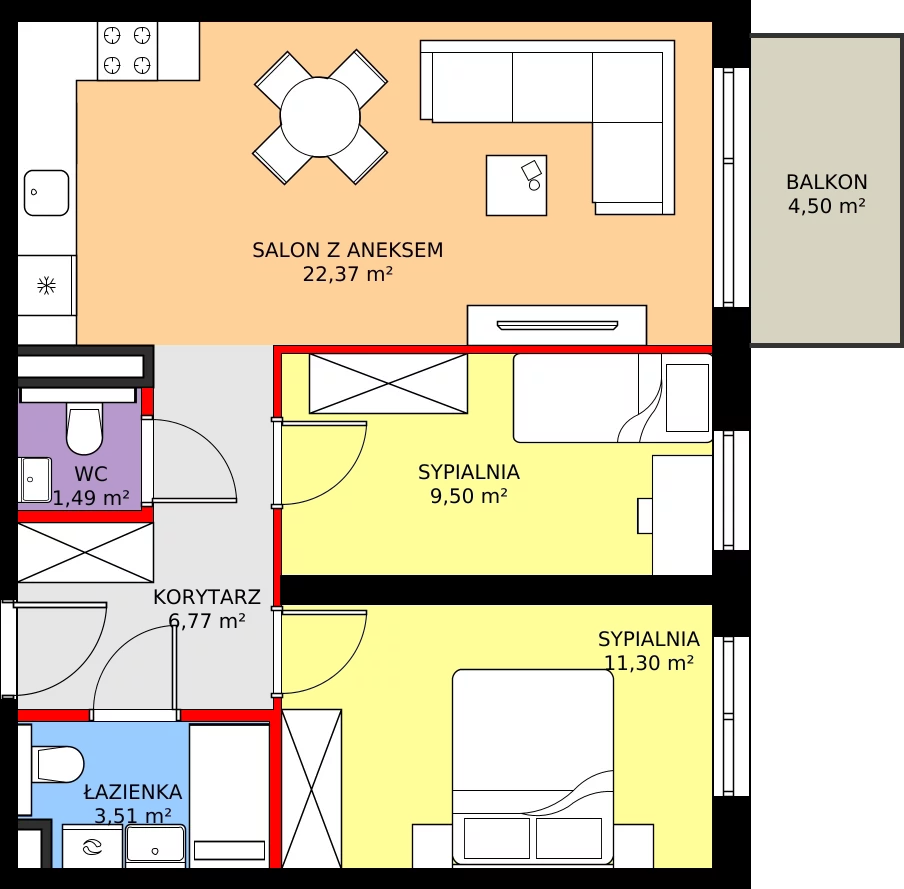 Zalety mieszkania 54.95 m², F.1.12.3a