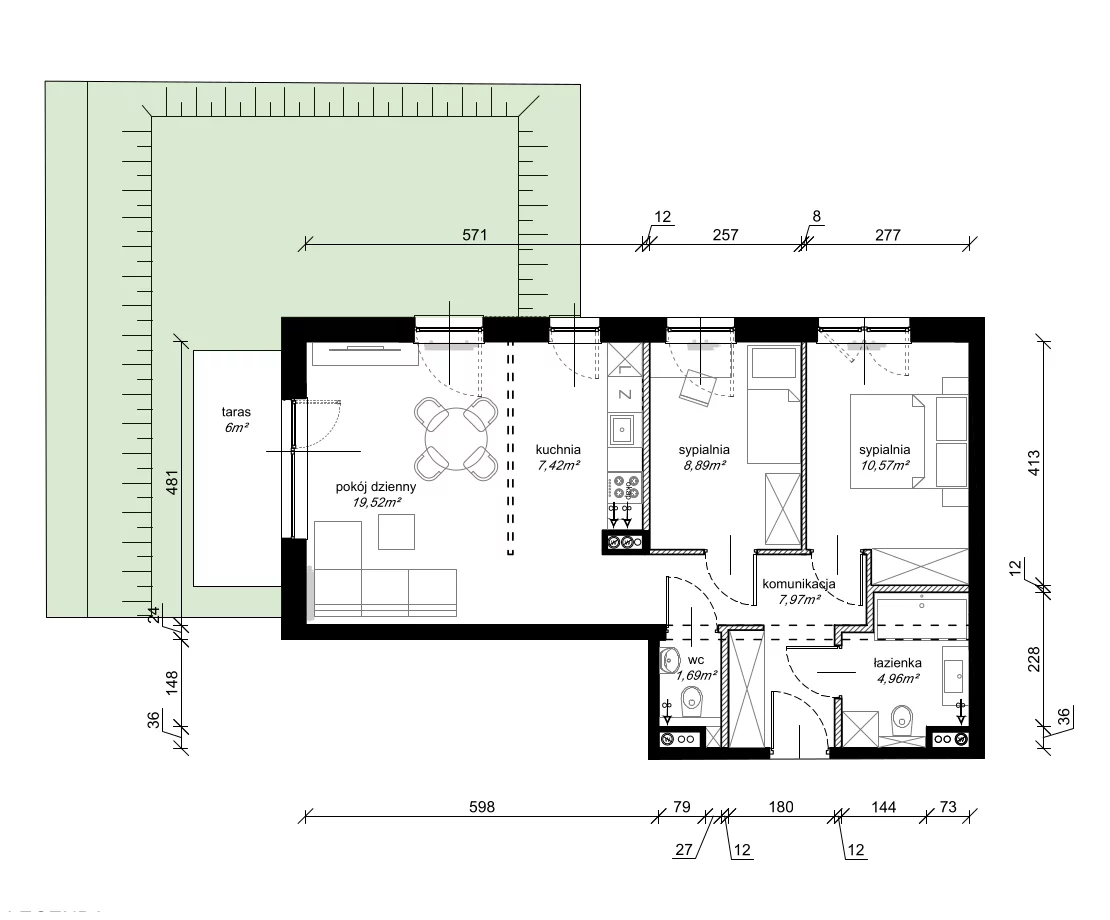 3 pokoje, mieszkanie 61,02 m², parter, oferta nr E.0.01.3k, art.TEO, Łódź, Polesie, Teofilów, ul. Kaczeńcowa 2B i 2C