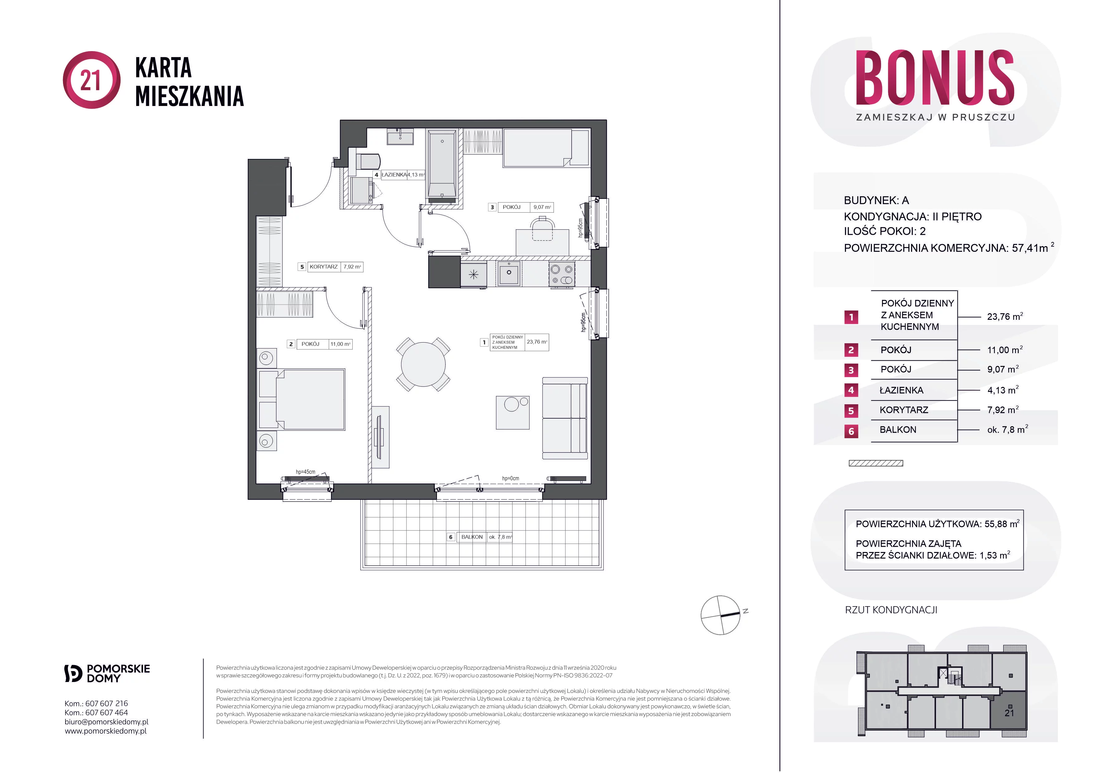 Mieszkanie 57,41 m², piętro 2, oferta nr A.21, Bonus, Pruszcz Gdański, ul. Powstańców Warszawy 79