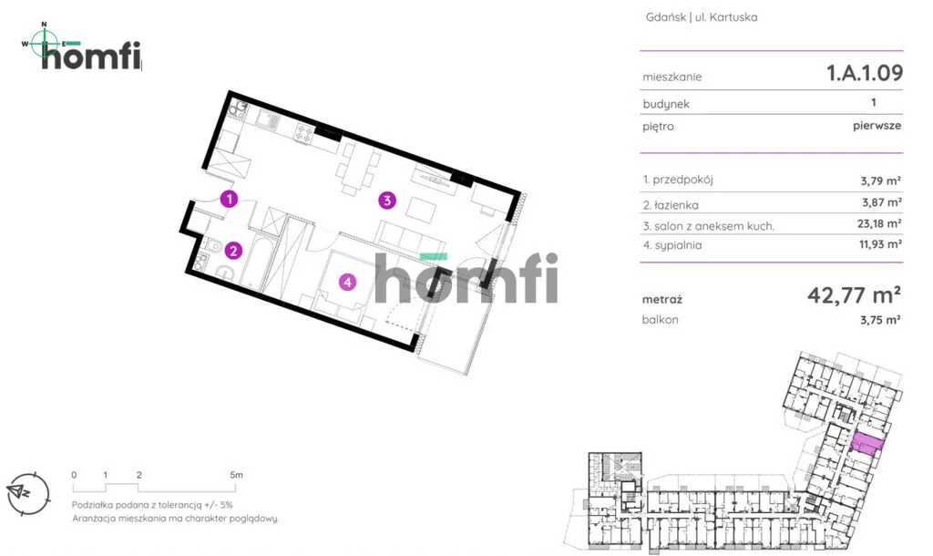 2 pokoje, mieszkanie 42,77 m², piętro 1, oferta nr , 25181/2089/OMS, Gdańsk, Siedlce, Kartuska