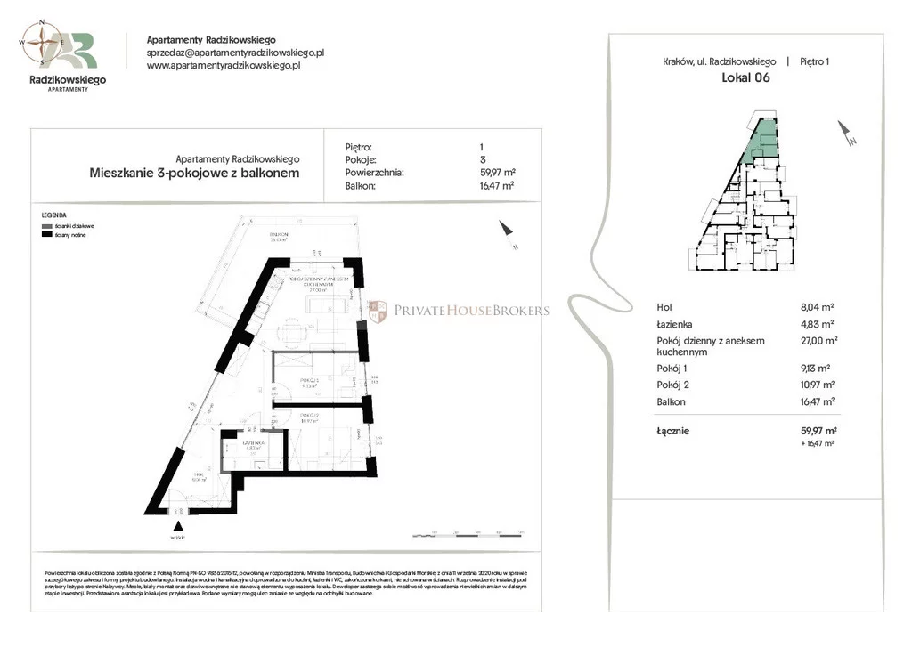3 pokoje, mieszkanie 59,97 m², piętro 1, oferta nr , 24145/2089/OMS, Kraków, Bronowice, Eljasza Walerego Radzikowskiego