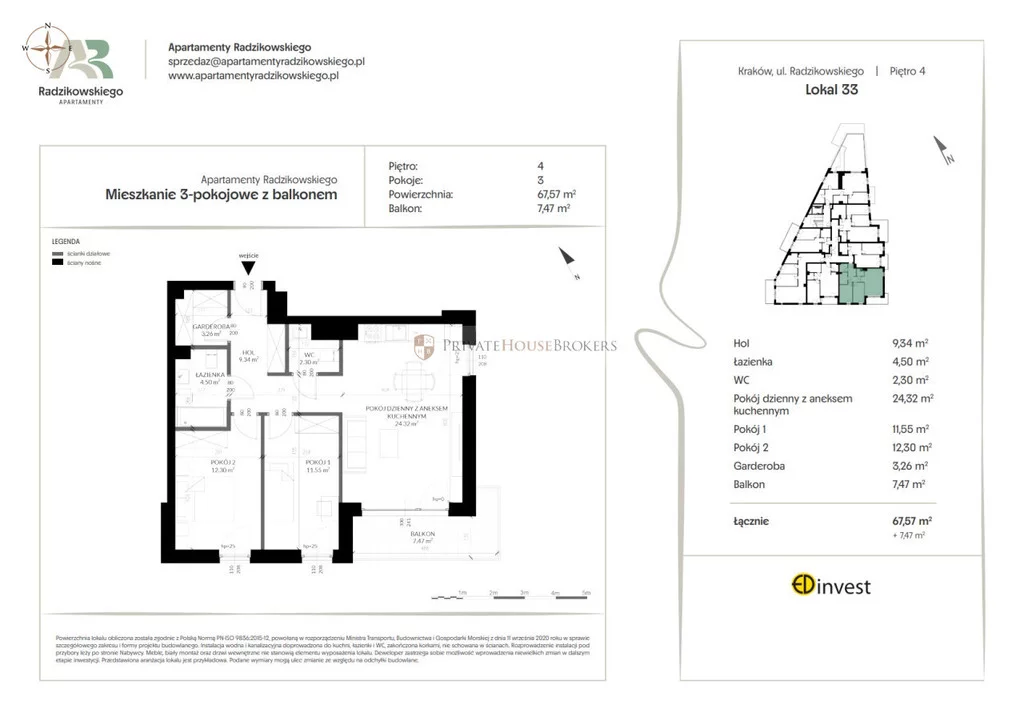 3 pokoje, mieszkanie 67,57 m², piętro 4, oferta nr , 24146/2089/OMS, Kraków, Bronowice, Eljasza Walerego Radzikowskiego